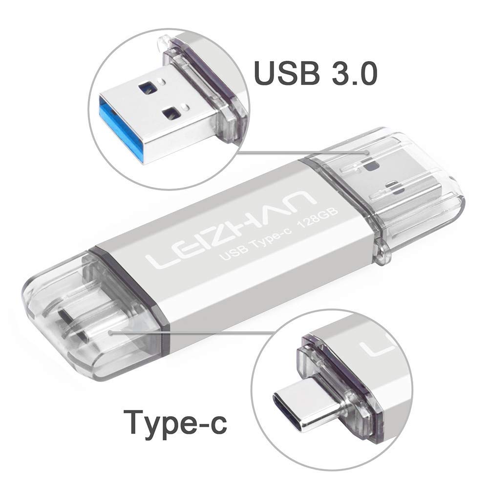 Leizhan 128GB USB 3.0 Flash Drive - Dual Type-C & USB-A 2-in-1 Thumb Drive, High-Speed Memory Stick for MacBook, Smartphones, Laptops - Portable Storage for Photos, Videos, Files (Silver)