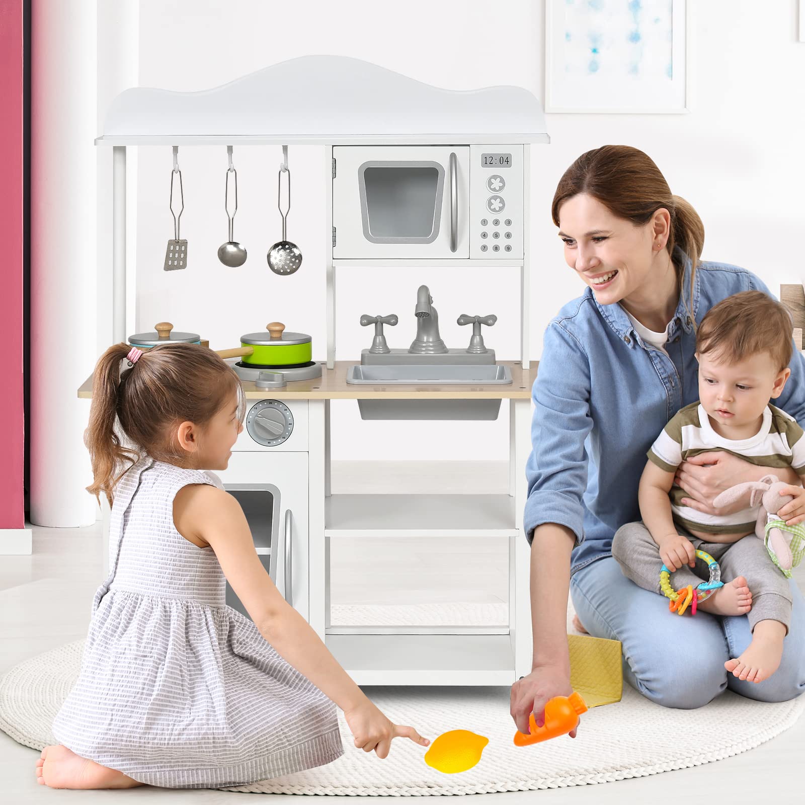 Costzon Wooden Kids Kitchen Playset with Sink, Oven, Microwave, Stove, Pots & Utensils - Pretend Play Kitchen Toy for Toddlers & Kids, Perfect Gift for Boys & Girls, Ideal for Home, Preschool & Daycare Playrooms