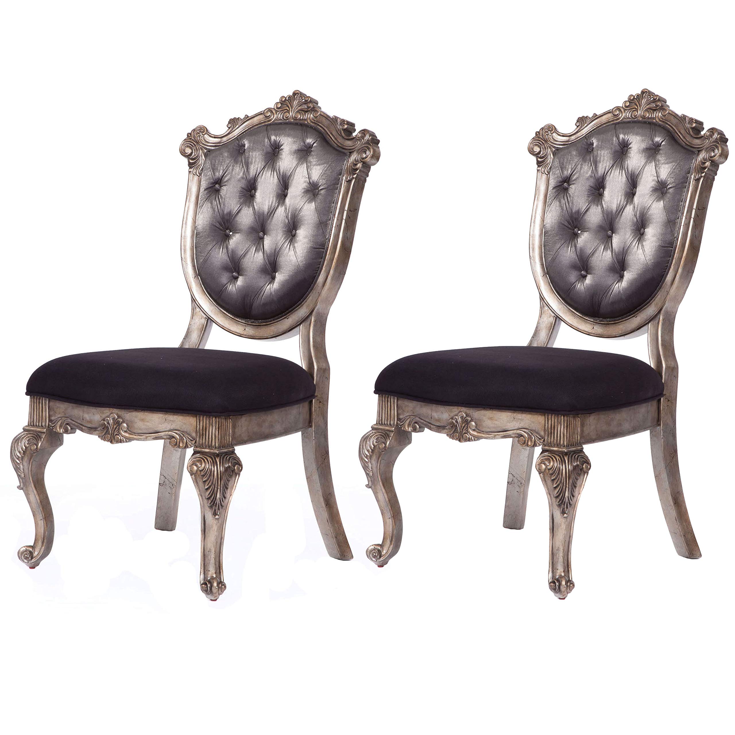 Benjara Wooden Side Chair with Cabriole Legs and Fabric Upholstered Seat, Set of 2, Gray and Silver - Elegant Dining Room Chairs for Kitchen, Living Room or Bedroom Decor