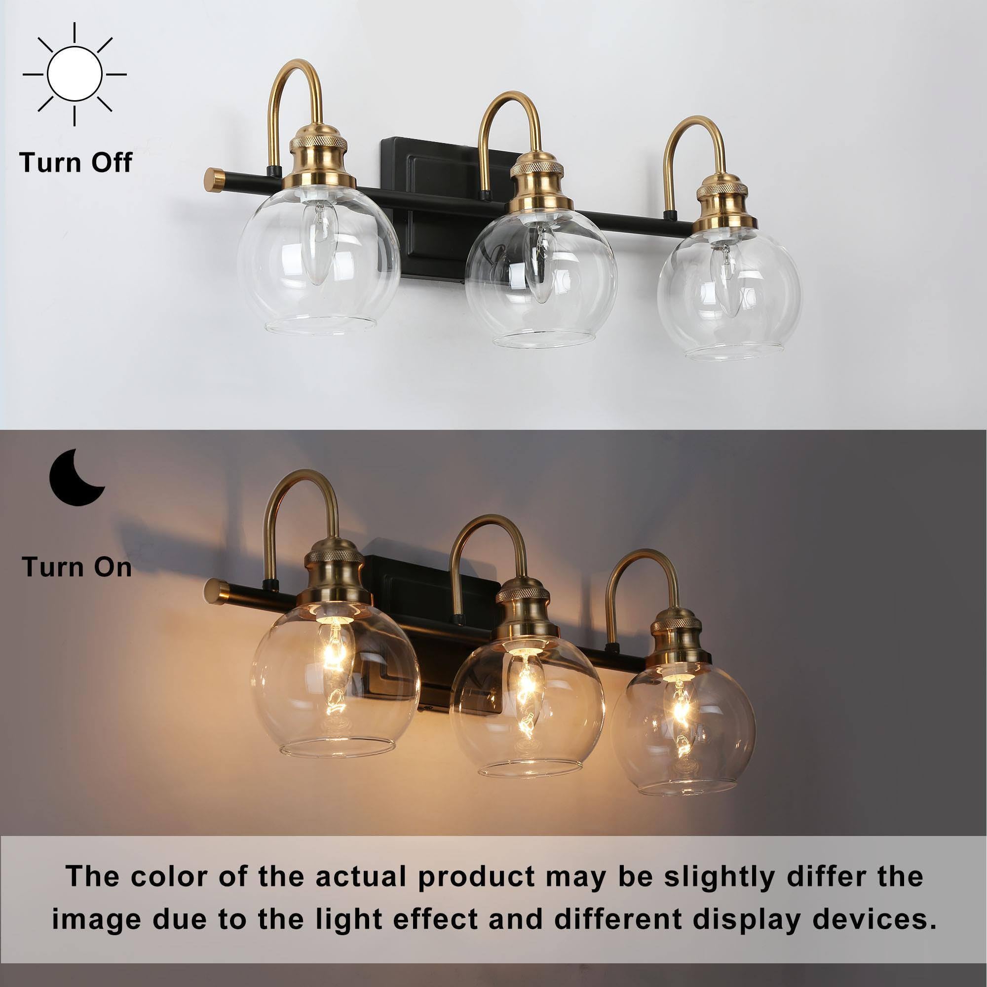 ZEVNI Black Gold Vanity Lights - 3-Light Bathroom Light Fixtures with Clear Glass Globes, 22
