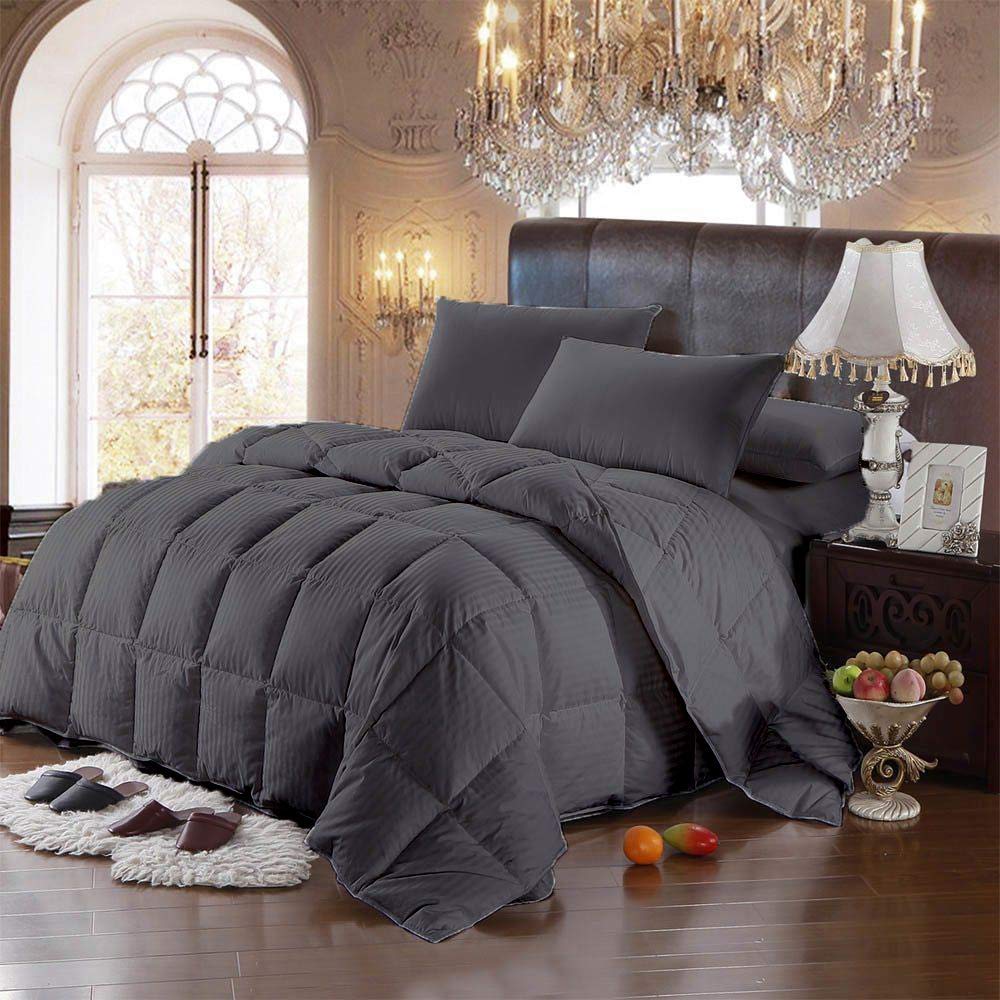 1 Piece Striped Comforter Set with 2 Pillowcases - 100% Cotton 500 GSM Queen/Full Size Winter Bedding - Fluffy Soft Box Stitched Quilt with Corner Tabs for Warmth (3PC Dark Grey Striped) - Perfect for Cozy Winter Nights, Guest Rooms & Master Bedrooms