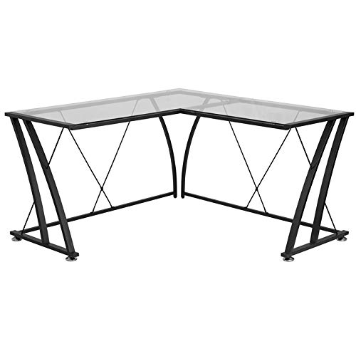 BOWERY HILL Clear Black L-Shaped Glass Computer Desk - Modern Home Office Workstation for Gaming, Study & Remote Work