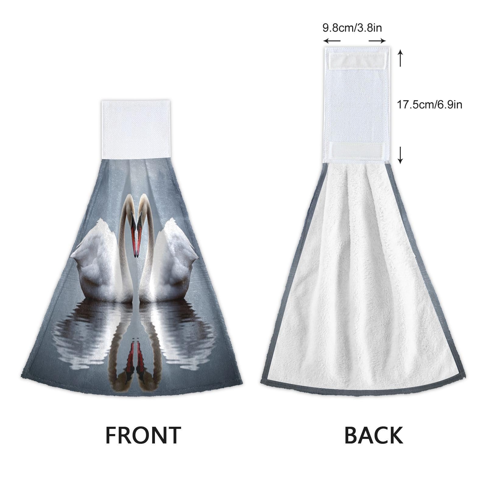 Qilmy White Swan Couple Hand Towels Set of 2 - Ultra Soft & Quick Absorbent Kitchen & Bathroom Towels with Magic Stickers & Hanging Loops (12x17 Inches) - Perfect for Home, Hotel, and Spa Use