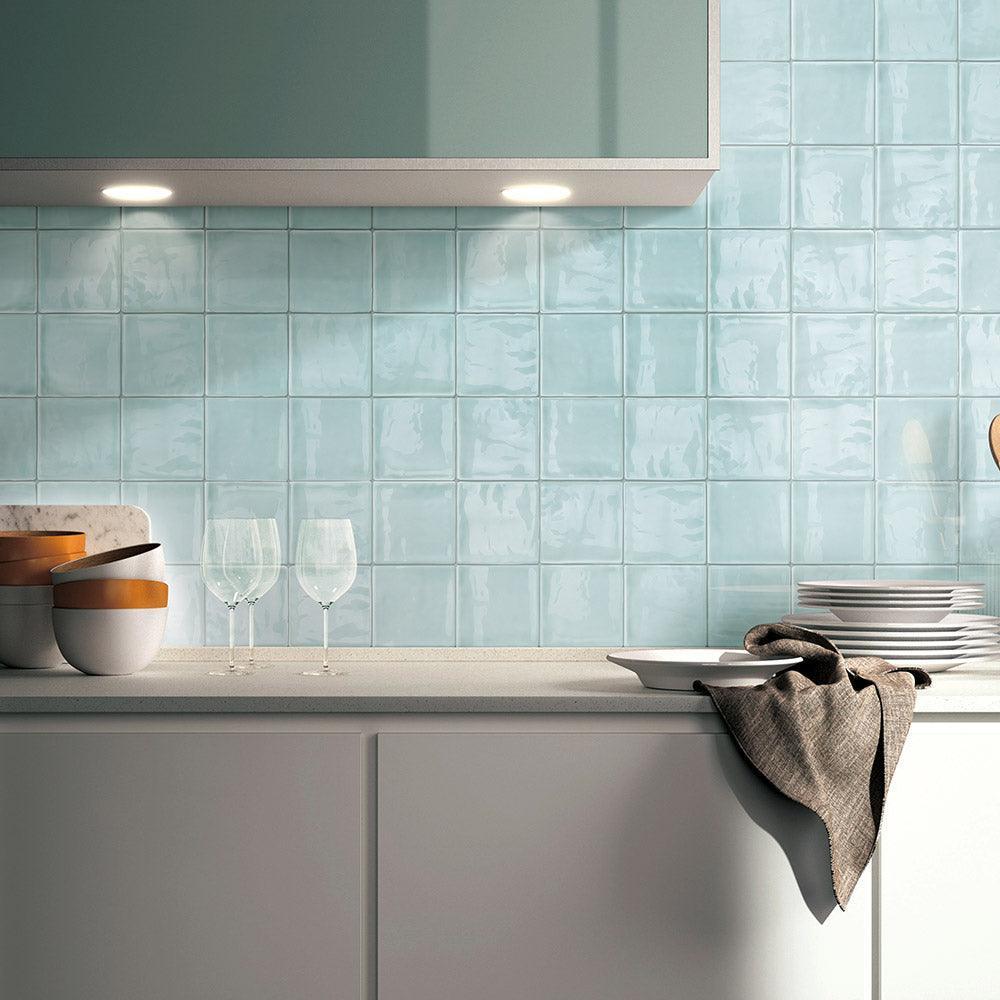 Premium Santorini Sky Blue 100x100x9mm Glossy Ceramic Subway Tile - Perfect for Kitchen Backsplash, Bathroom Walls & Modern Interior Design