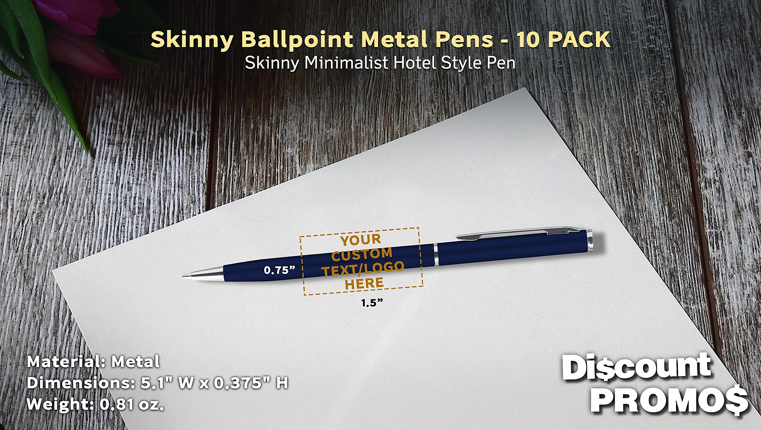 10 Pack Customizable Skinny Ballpoint Metal Pens with Black Ink - Sleek Twist-Off Design for Office, School & Gifts - Engrave Your Logo or Text (Blue)