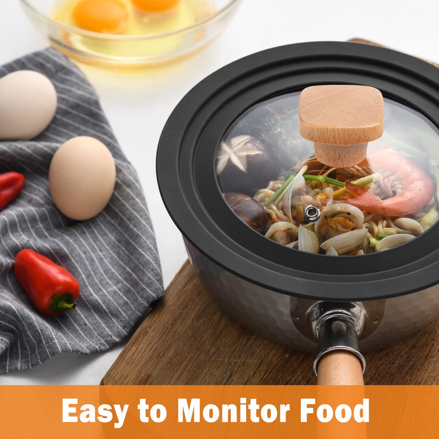 Wadaza Universal Tempered Glass Pan Lid with Wooden Knob - Fits 11, 12, 12.5 Inch Pots, Pans & Woks - Dishwasher Safe Cookware Cover for Frying, Sautéing & Simmering - Perfect for Stovetop Cooking & Food Storage
