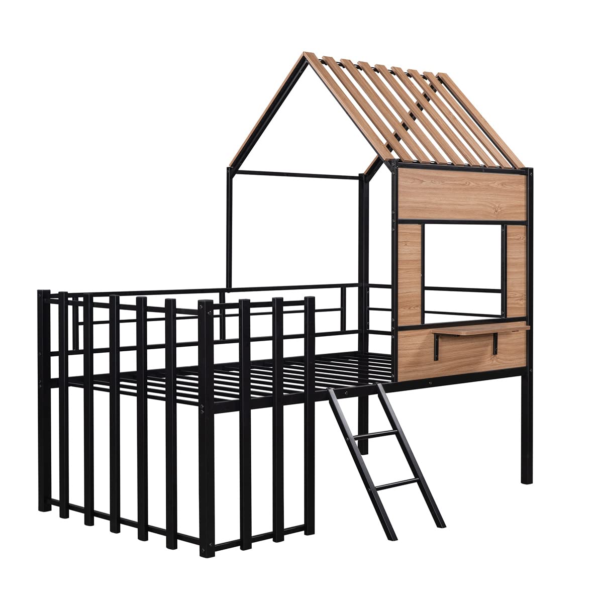 TRIPLE TREE Twin Size Low Loft Bed with Ladder - Sturdy Metal House Bed Frame with Roof, Window & Safety Guardrails for Kids & Teens - No Box Spring Needed - Black - Perfect for Small Bedrooms, Dorm Rooms & Kids' Play Areas