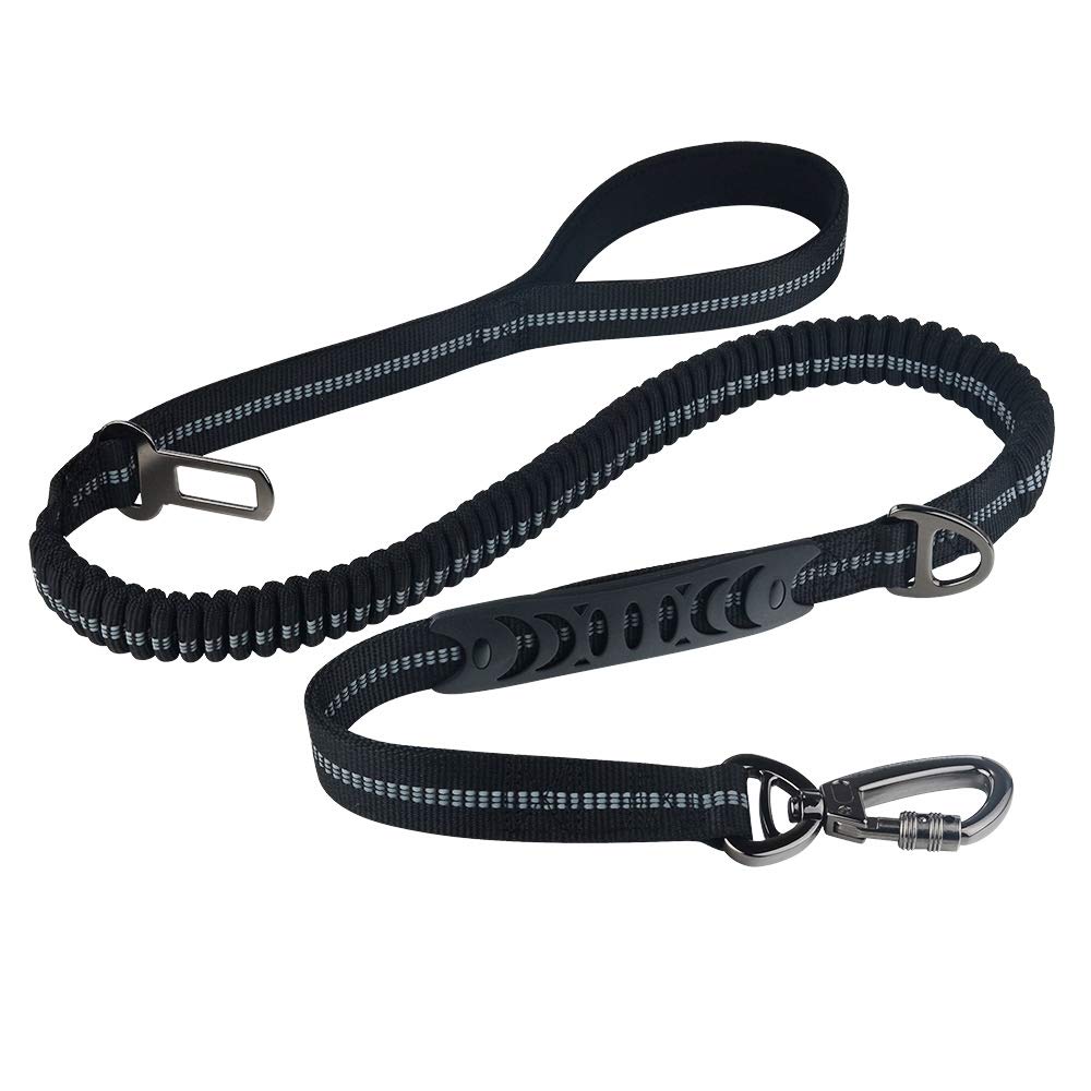 TigaKafee Adjustable Reflective Dog Leash & Car Seatbelt - Heavy Duty Nylon Pet Safety Harness for Vehicles, Elastic & Durable Retractable Seat Belt for Dogs (Dark Black) - Perfect for Road Trips, Daily Commutes & Outdoor Adventures