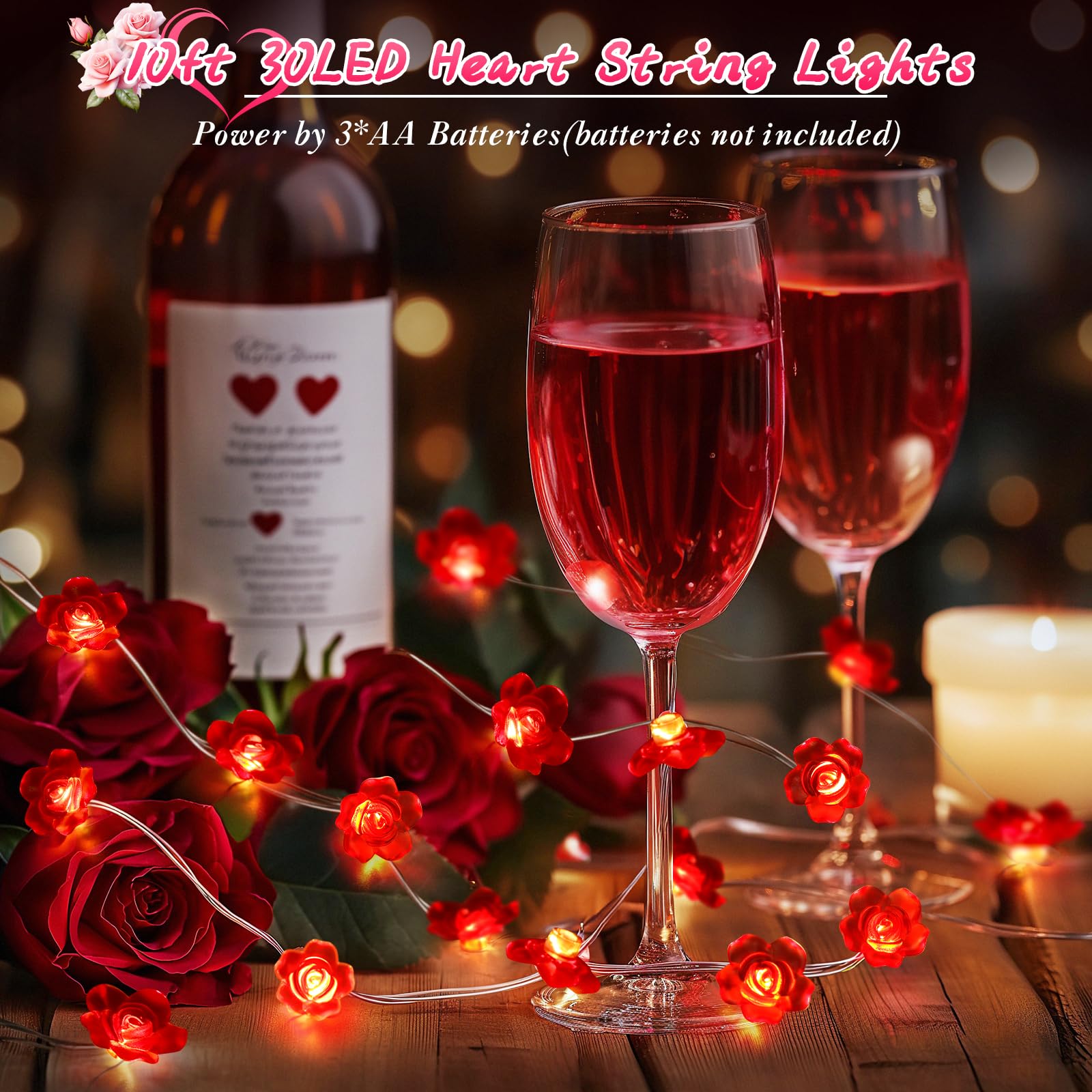 Valentine's Day LED Rose String Lights - 10FT 30 LED Battery Operated Fairy Lights for Indoor Outdoor Decor, Wedding, Party, Home & Room Decoration - Perfect for Romantic Ambiance, Anniversary Gifts & Holiday Lighting