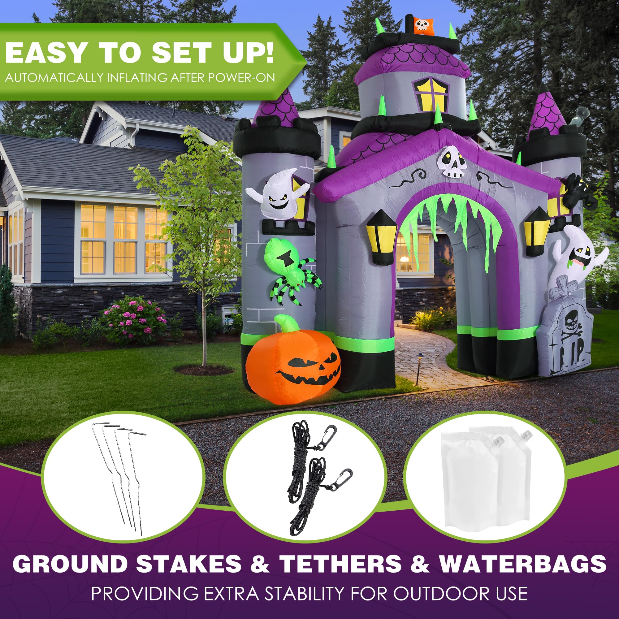12.5 FT Giant Halloween Inflatable Haunted House Castle Archway - Outdoor Halloween Decorations for Front Lawn, Garden, and Yard - Spooky Blow Up Decor for Halloween Parties & Trick or Treating