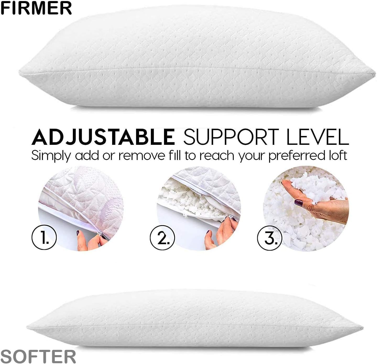 pillowLY - Shredded Memory Foam Pillow for Neck Pain Relief & Side Sleepers - Hypoallergenic & Adjustable Fill - White - Perfect for Back, Stomach & Side Sleepers