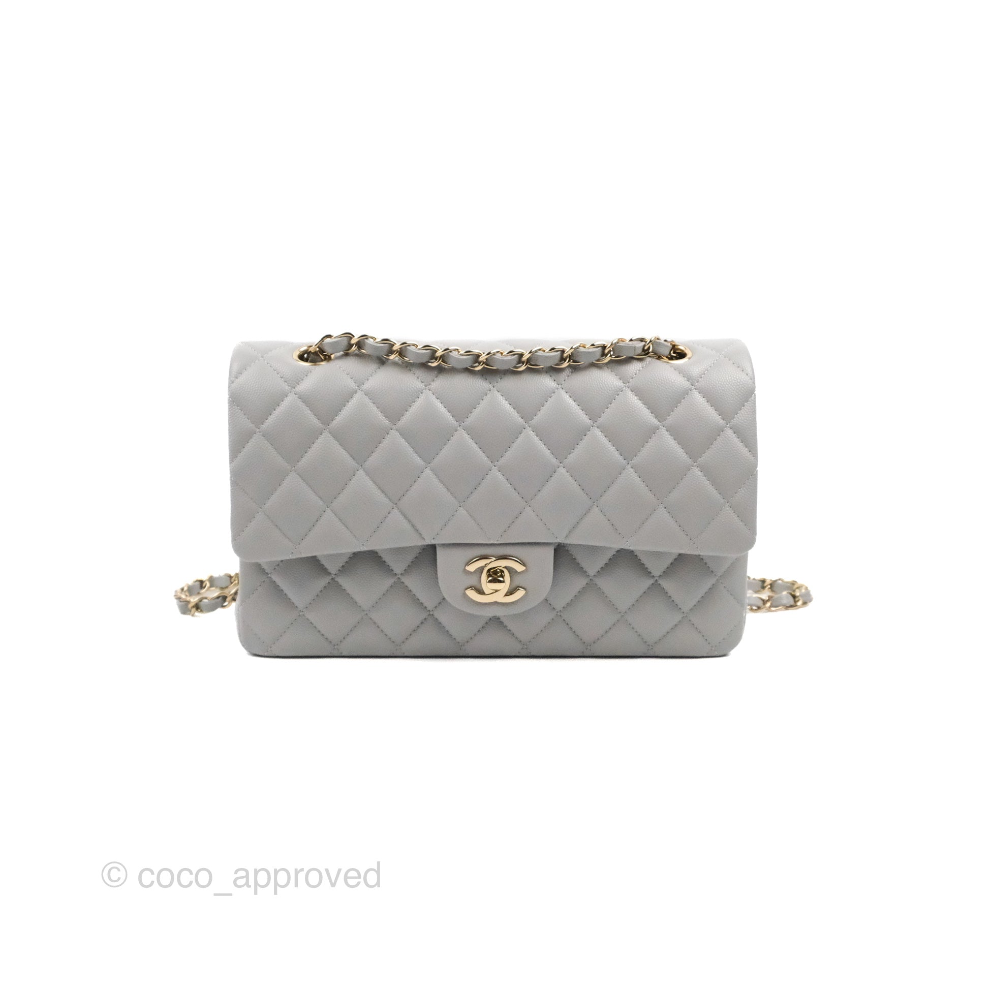Chanel Classic Medium Double Flap Bag in Grey Caviar Leather with Gold Hardware - Luxury Designer Handbag for Women, Perfect for Work, Evening Events & Special Occasions