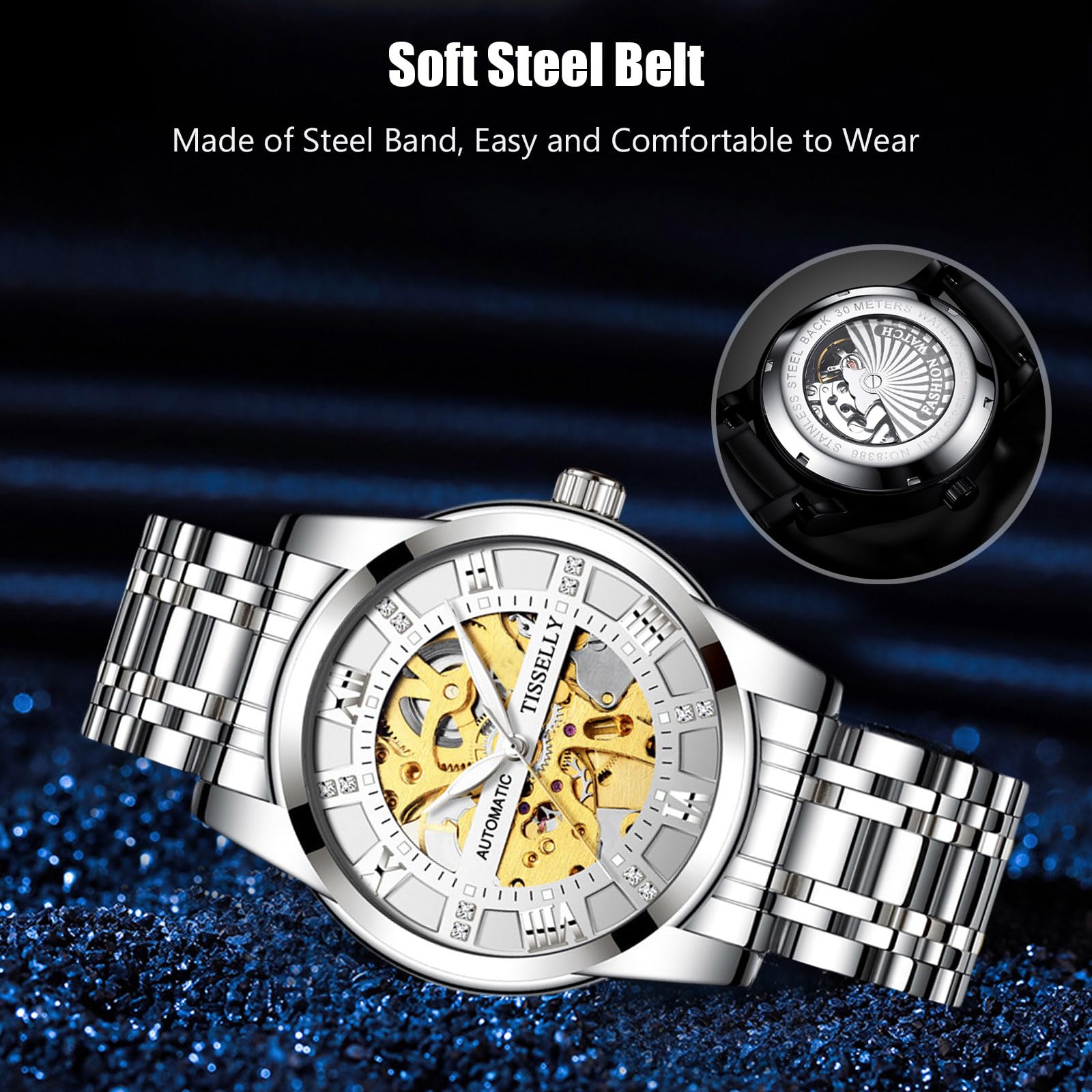 RORIOS Men's Automatic Watch - Minimalist Self-Winding Mechanical Wristwatch with Luminous Skeleton Dial & Steel Strap for Business & Casual Wear