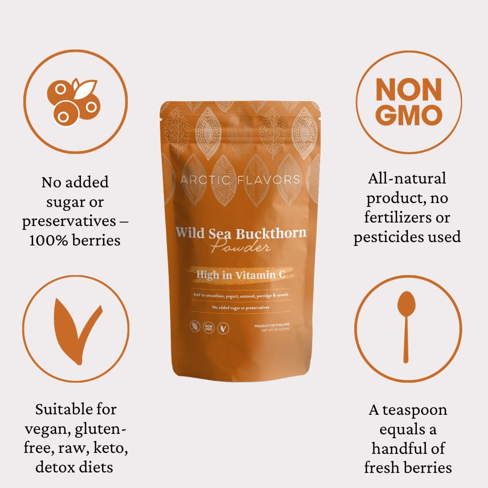 Premium Organic Sea Buckthorn Powder - Rich in Omega 3 6 7 9 Fatty Acids & Vitamin C - Cold-Pressed Sea Buckthorn Oil - Freeze Dried Whole Berries - Sustainably Grown in Finland - 15oz (5 Pack) - Perfect for Smoothies, Skin Care & Immune Support