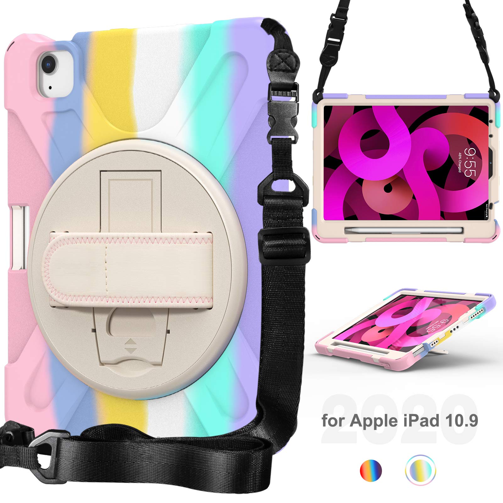 4th Gen iPad Air 10.9 Case & iPad Pro 11 Case - 360° Rotatable with Hand Strap, Adjustable Shoulder Strap, Stand & Pencil Holder | Military Shockproof Silicone Cover (Pink) | Perfect for Travel, Work & Outdoor Activities