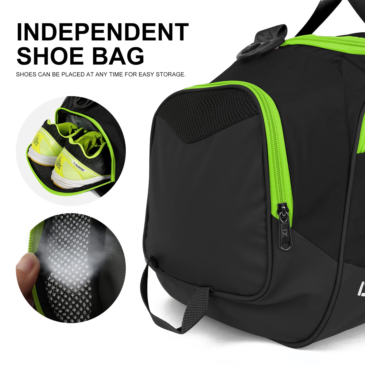 INOXTO 40L/55L Waterproof Gym Duffel Bag for Men & Women - Sports Travel Backpack with Wet/Dry Pocket & Shoe Compartment - Ideal for Fitness, Swimming, Workout & Weekend Trips (Black Green, 40L)