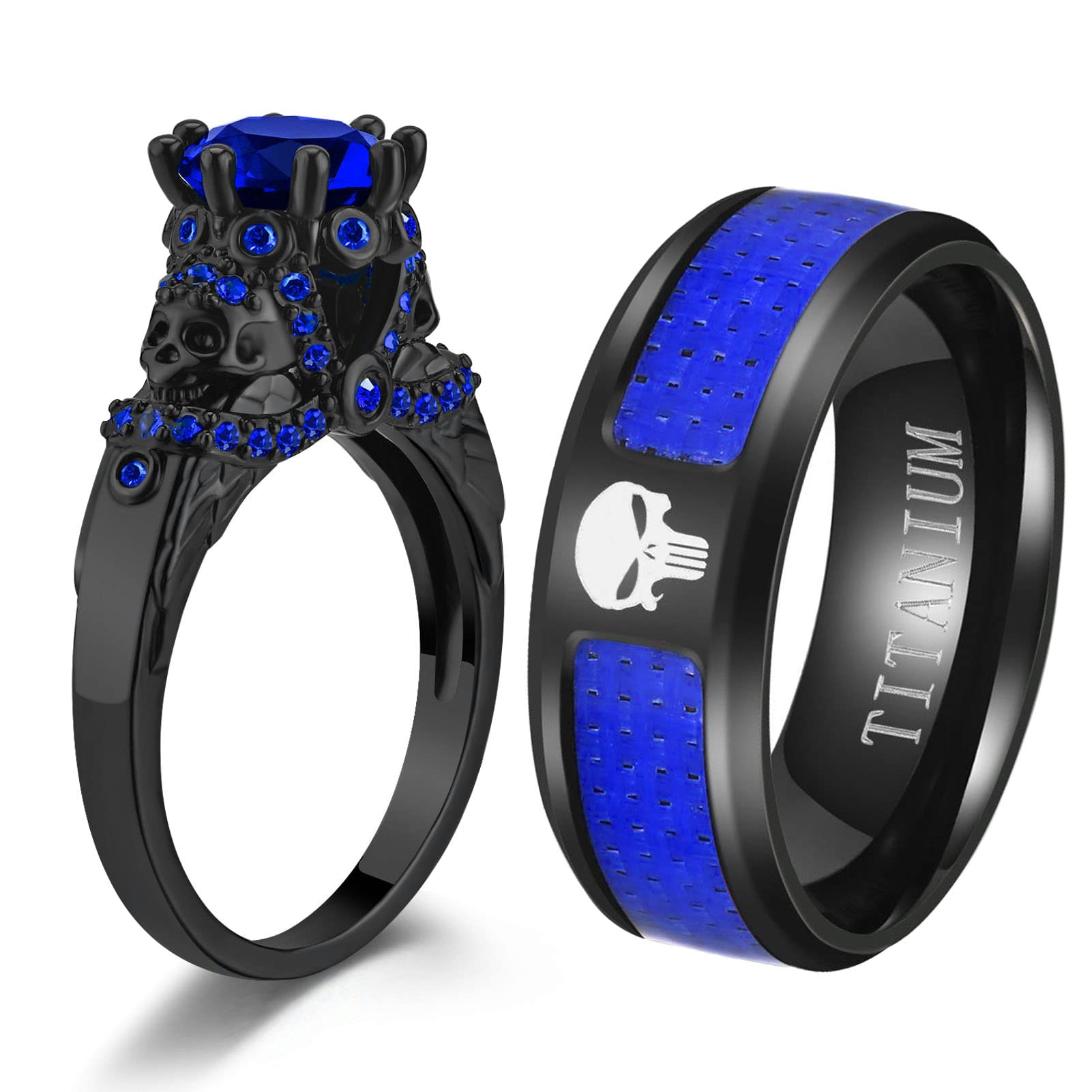 Gothic Skull Couple Rings for Men & Women - AAA Red CZ Punk Wedding Bands | Gothic Jewelry for Weddings, Anniversaries & Alternative Fashion