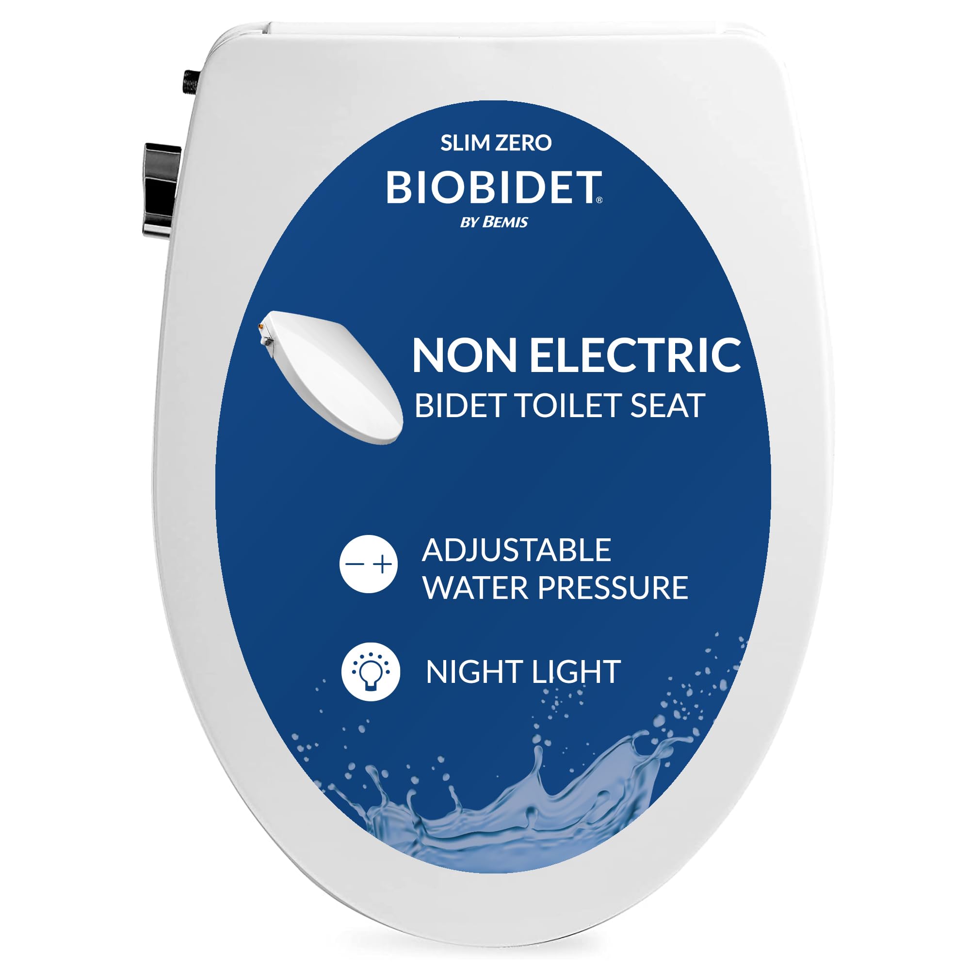 Bio Bidet Slim Zero Non-Electric Bidet Seat for Elongated Toilets - Dual Nozzle, Built-in Nightlight, Brass Inlet & T-Valve - Easy DIY Installation with Chrome Plated Side Lever | Perfect for Bathroom Upgrades, Hygienic Cleaning & Water Conservation