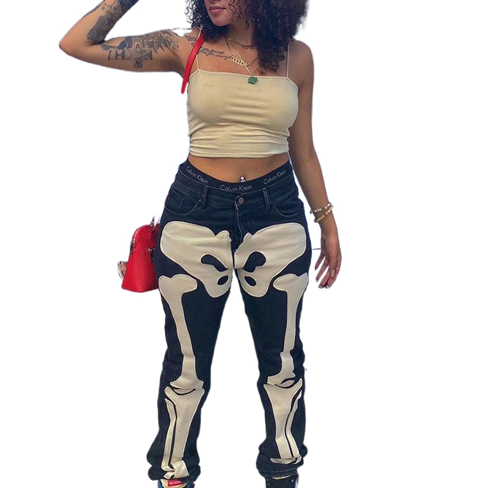 Y2K Skeleton Print Women's Baggy Jeans | High Waist Wide Leg Boyfriend Cargo Pants | Vintage Streetwear Denim Trousers | Perfect for Casual Outfits, Street Style & Retro Fashion Looks
