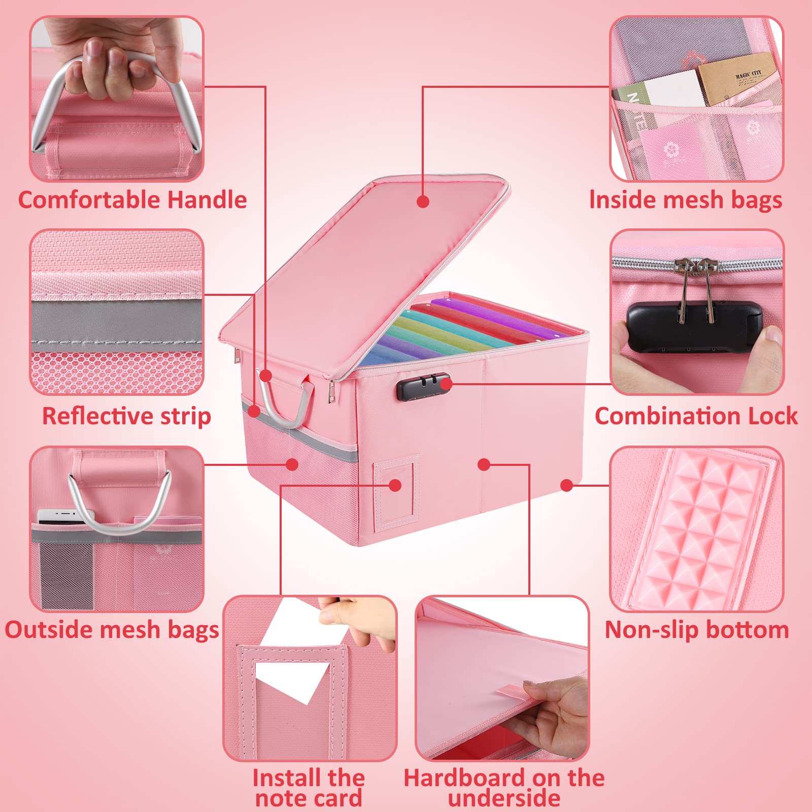Fireproof Document Box with Lock - Portable File Organizer & Office Safe for Hanging Letter/Legal Folders (16.1 x 12.9 x 11 Inches, Pink) - Ideal for Home, Office & Emergency Document Storage