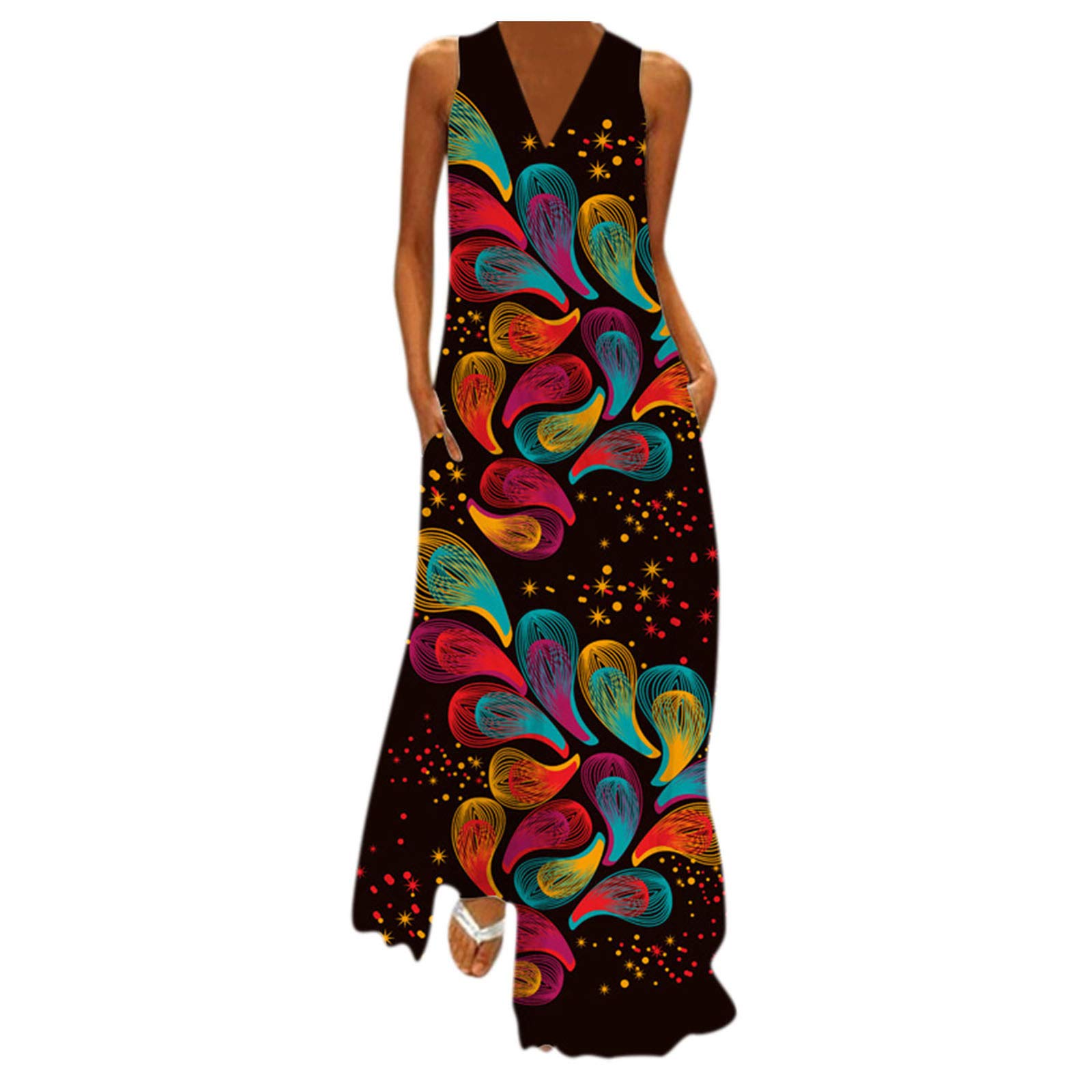ONHUON Women's Long Maxi Dress - Sleeveless Plus Size V-Neck Summer Dress with Pockets | Casual Beachwear, Vacation Outfit & Everyday Comfort Wear