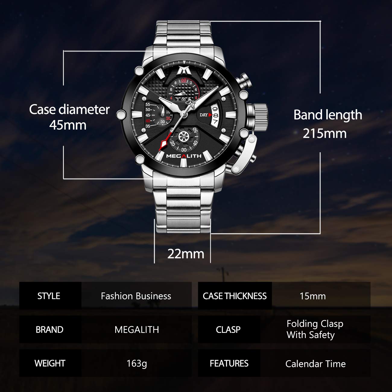 MEGALITH Men's Stainless Steel Chronograph Watch 45mm - Waterproof Analog Quartz Date Display, Luminous Heavy Duty Metal Wristwatch for Men - Perfect for Outdoor, Sports, Business & Casual Wear