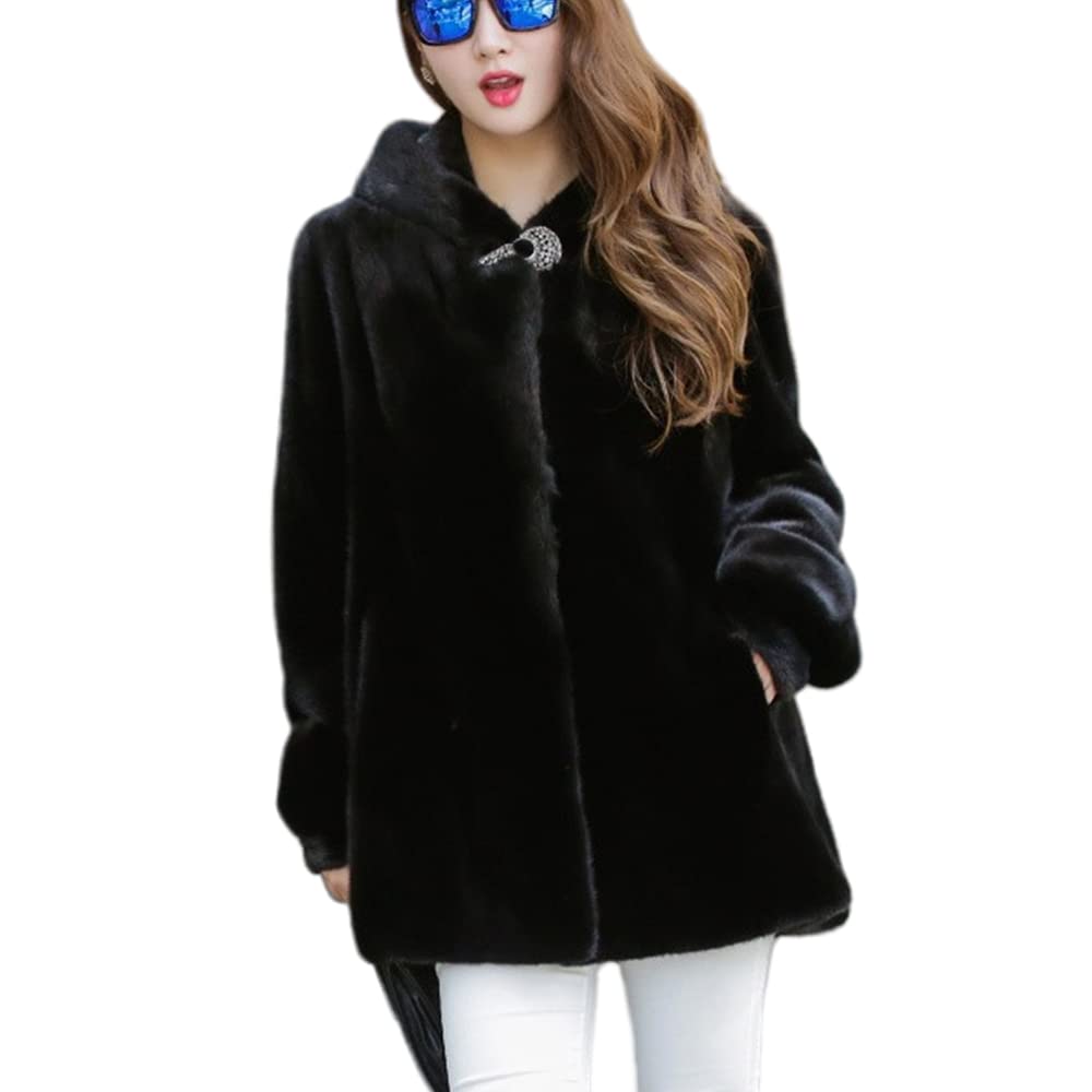 Women's Faux Fur Coat - Medium Long Warm Hooded Mink Style Jacket for Winter Fashion | Korean Inspired Outerwear for Casual & Evening Wear