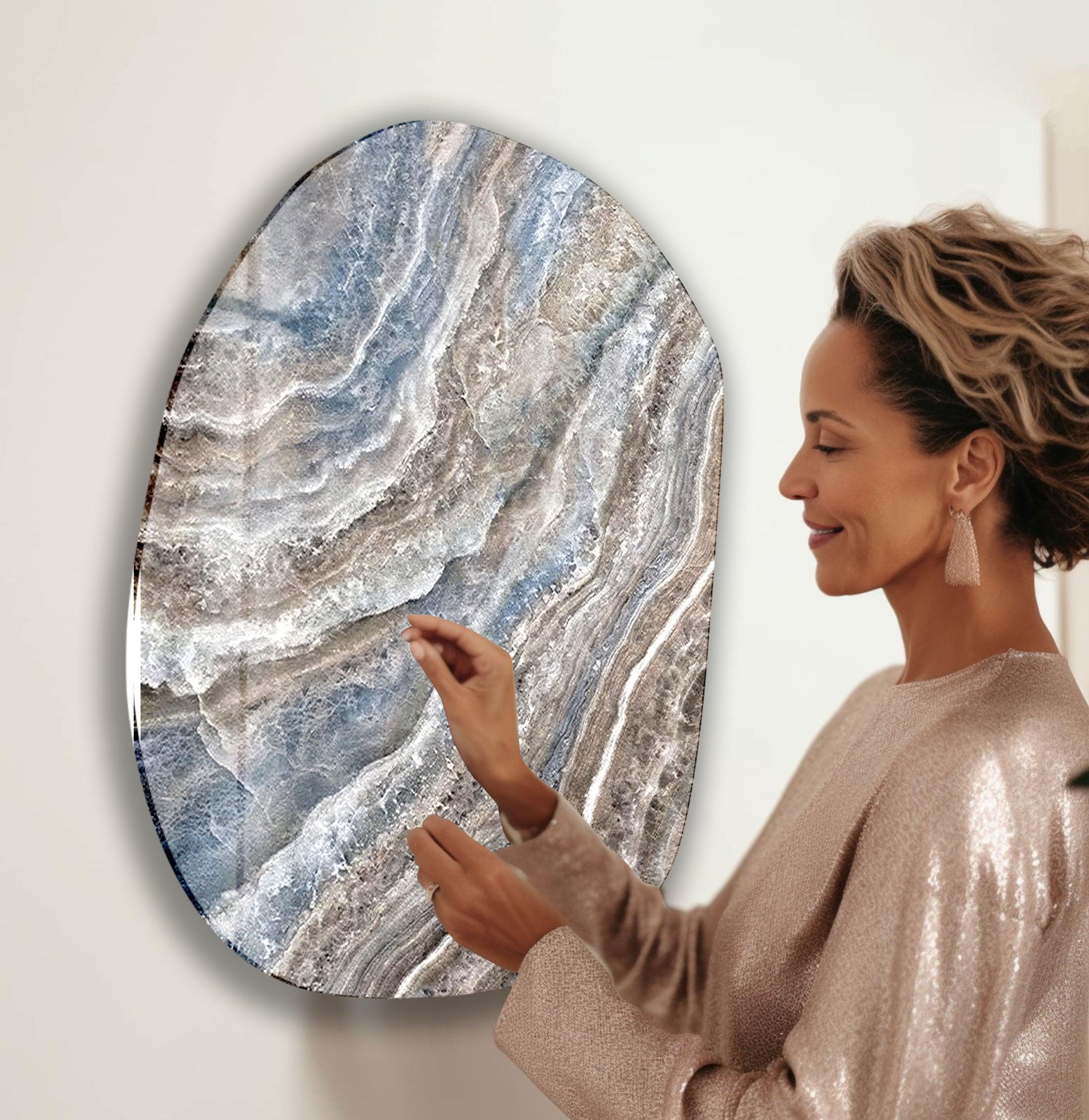 Blue & Beige Marble Oval Glass Wall Art - Modern Home Decor for Living Room, Bedroom, Office - Elegant Handmade Glass Wall Hanging for Interior Design