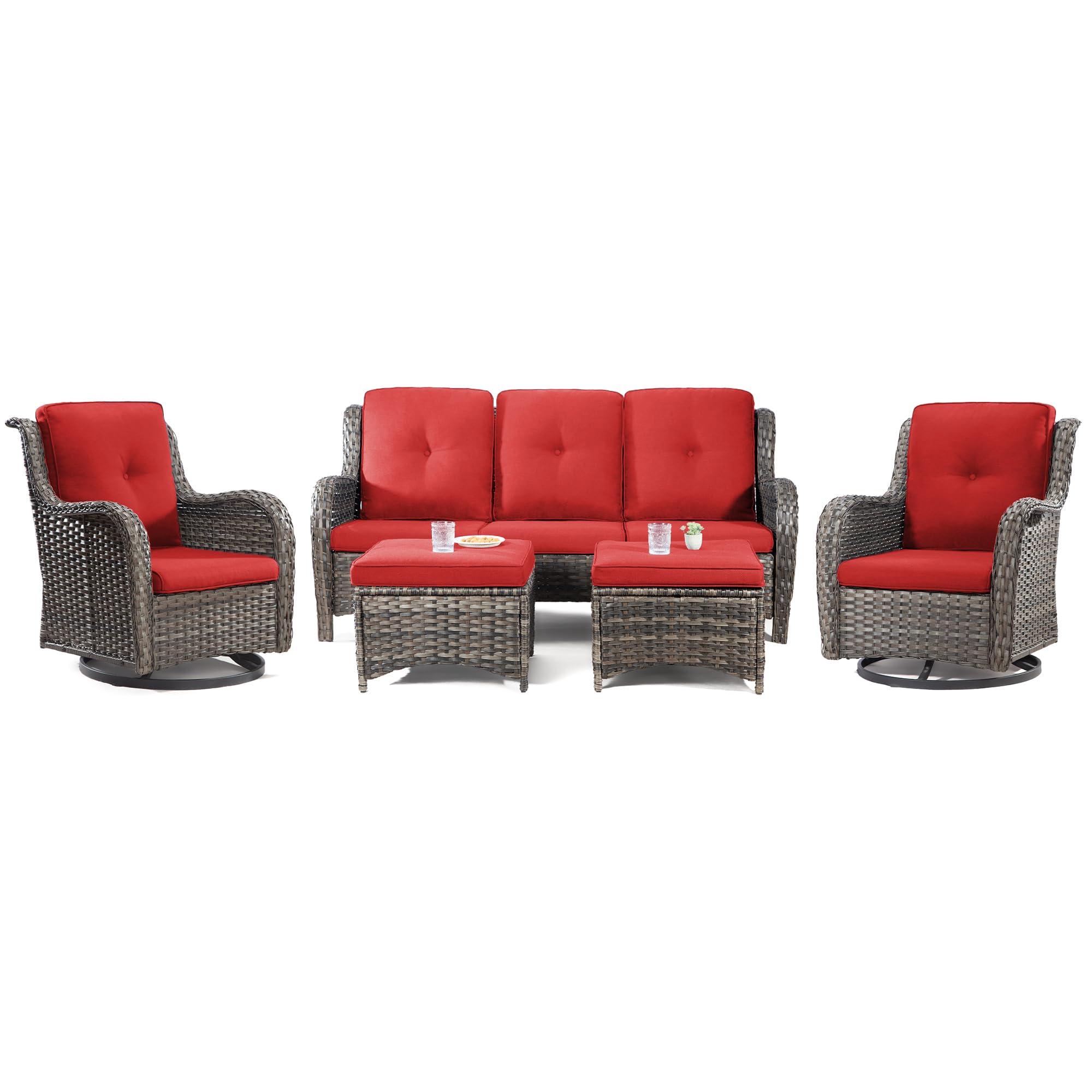 Joyside 5-Piece Outdoor Patio Furniture Set - Wicker Sectional Sofa with Swivel Rocking Chairs & Ottomans (Mixed Grey/Red) - Perfect for Backyard, Garden, Poolside & Patio Relaxation
