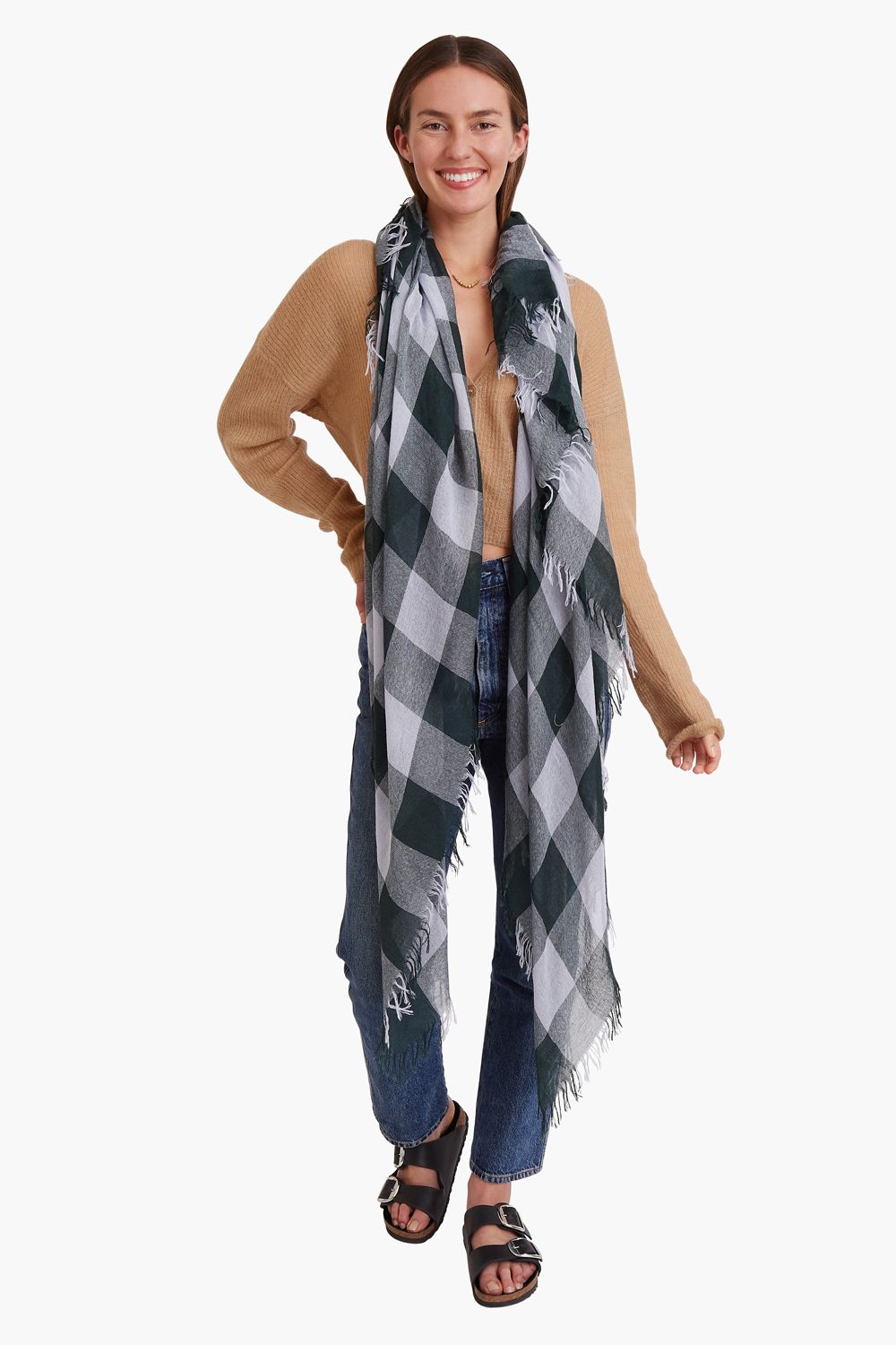 Luxury Cashmere Silk Scarf - Slate Green Gingham Pattern - Perfect for Winter Fashion & Gift Giving