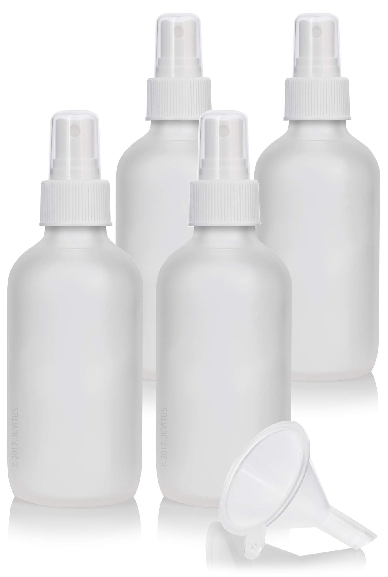 JUVITUS 4 oz Frosted Clear Glass Boston Round Bottle with White Fine Mist Sprayer (4 Pack) + Funnel - Perfect for Essential Oils, DIY Beauty Products & Travel Toiletries