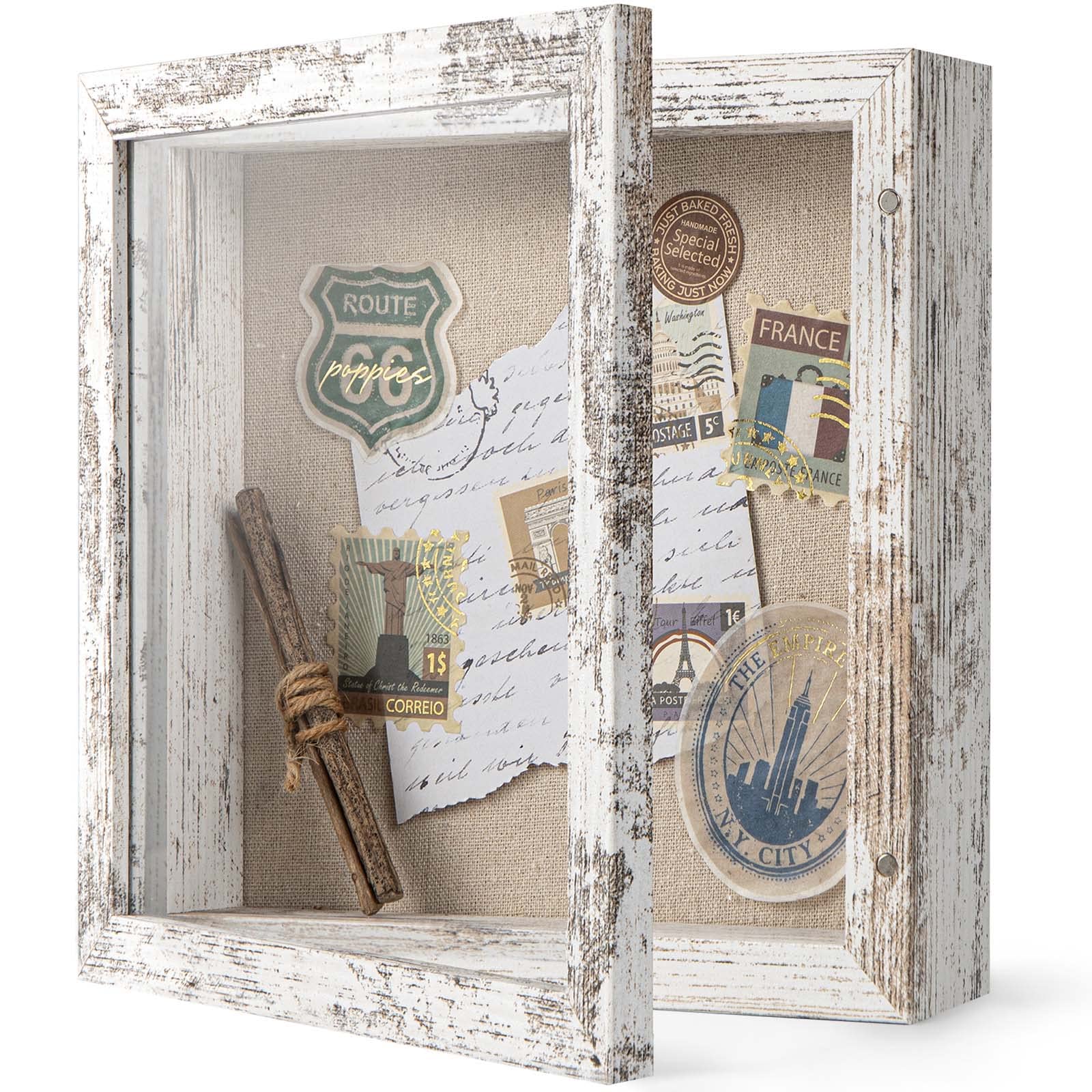 8x8 Shadow Box Frame with Soft Linen Back - Easy Opening Memory Display Case for Flowers, Pictures, Art and More - Rustic White - Perfect for Home Decor, Wedding Keepsakes, and DIY Craft Projects