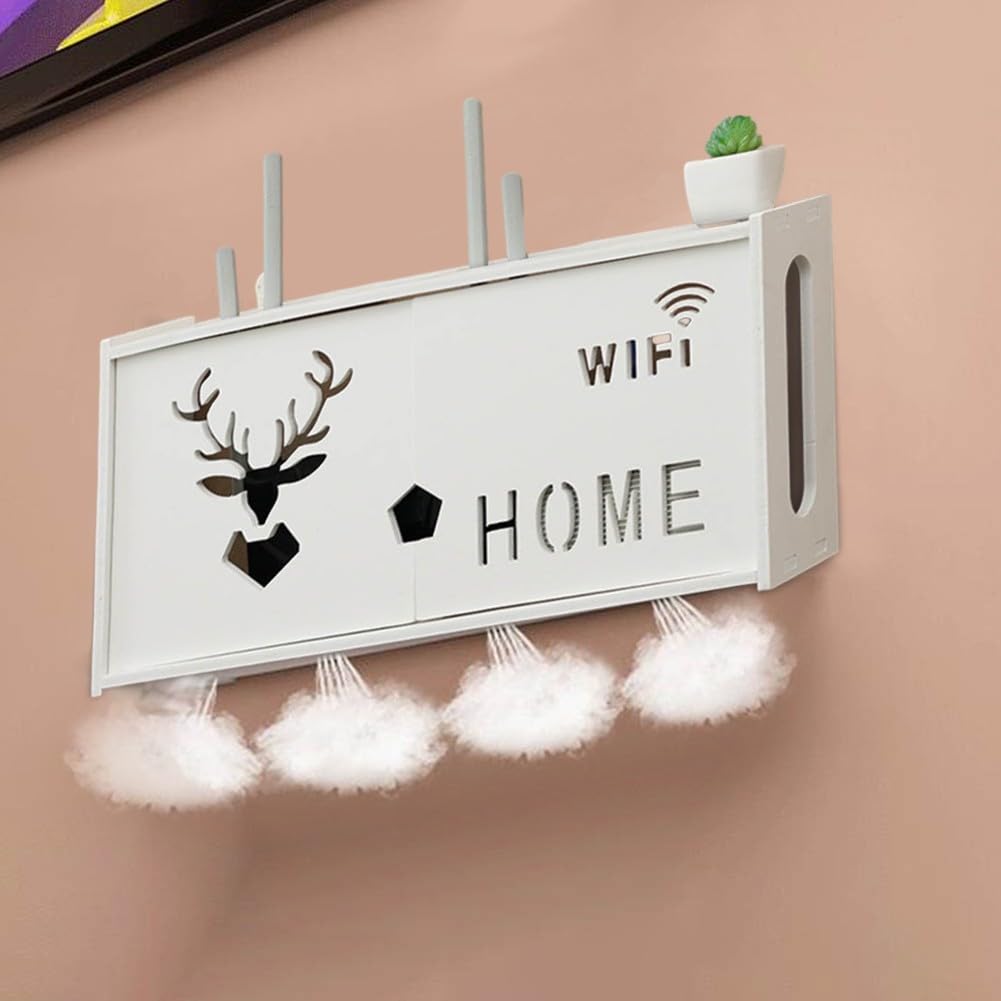 Wall Mounted Storage Box & Router Organizer Shelf - Cable Management Solution for Power Cords & Sockets - Perfect for Home Office & Living Room Organization (White) - Keep Your Space Neat & Tidy