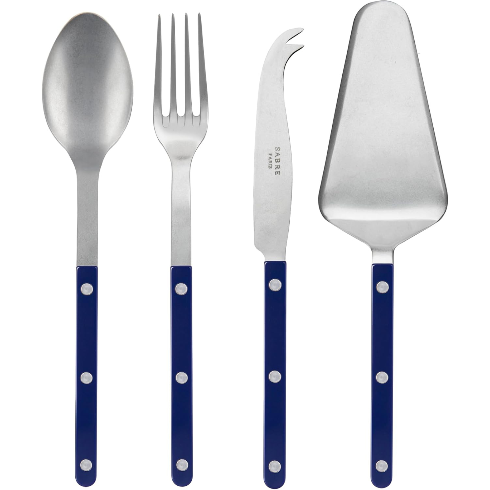 4-Piece Vintage Bistro Serving Set - 2 Flatware, Serrated Pie Server & Cheese Knife - Stainless Steel & Nylon - Dishwasher Safe - Navy Blue Matte Finish - Perfect for Dinner Parties, Cheese Platters & Dessert Serving