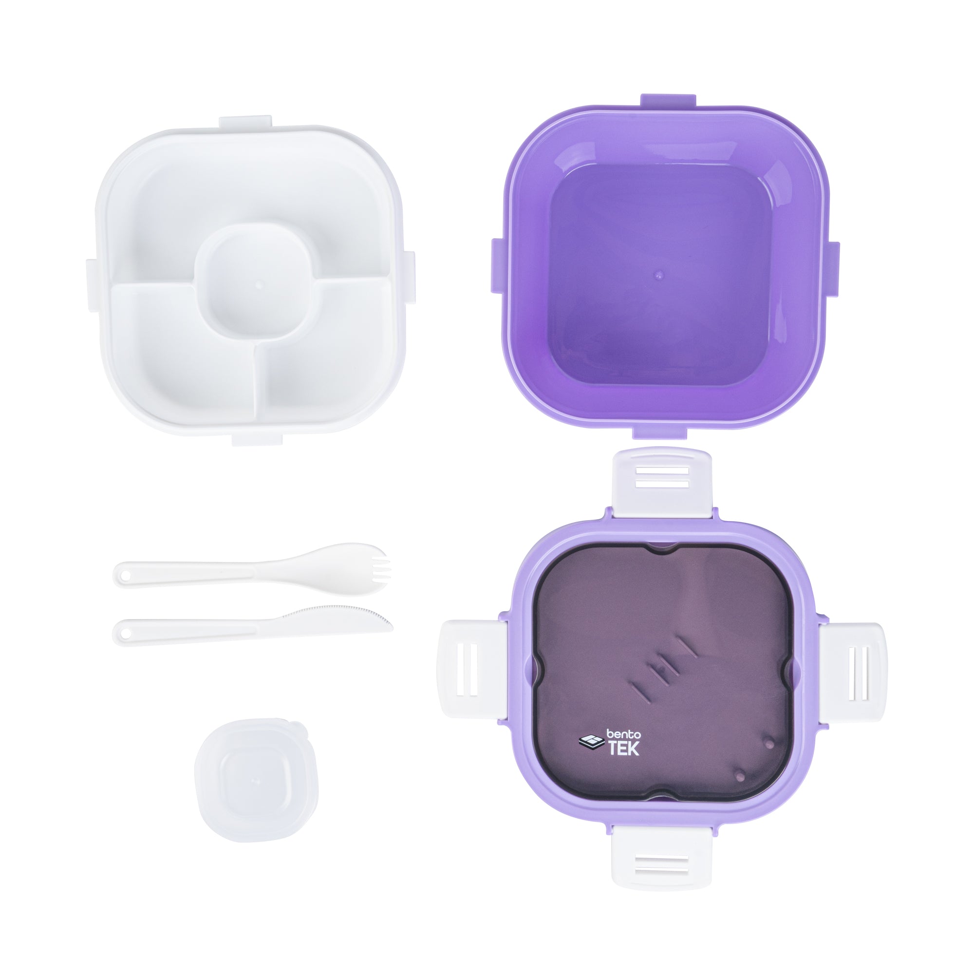 Bento Tek 58 oz Purple and White BPA Free Lunch Box with Fork & Knife - Microwave Safe, Reusable Food Container (7.25