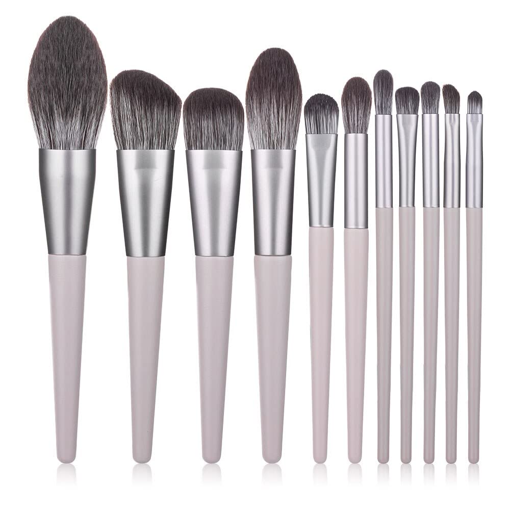 12-Piece Professional Makeup Brush Set for Powder, Blush, Contour, Concealer, Lip & Eyeshadow - Gray Handle - Perfect for Daily Makeup & Travel Beauty Kit