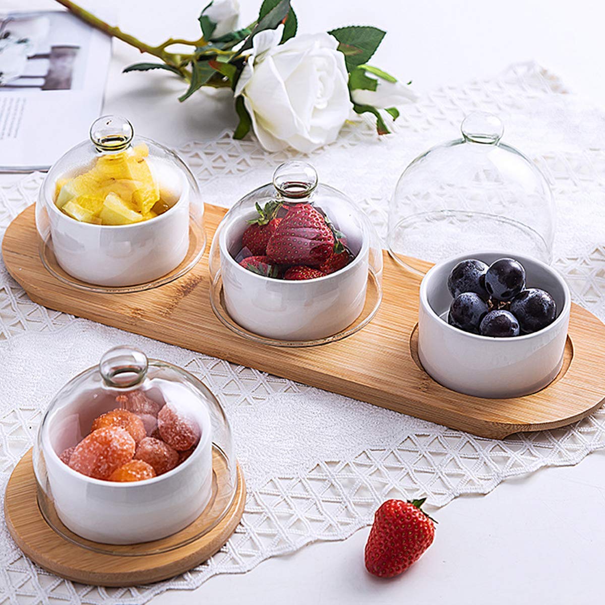 Premium Ceramic Fruit Bowl Set - 3 Piece Large Bamboo Wooden Salad Serving Bowls for Coffee Table, Dessert & Snacks - Elegant Dark Green Kitchen & Dining Decor for Home Entertaining
