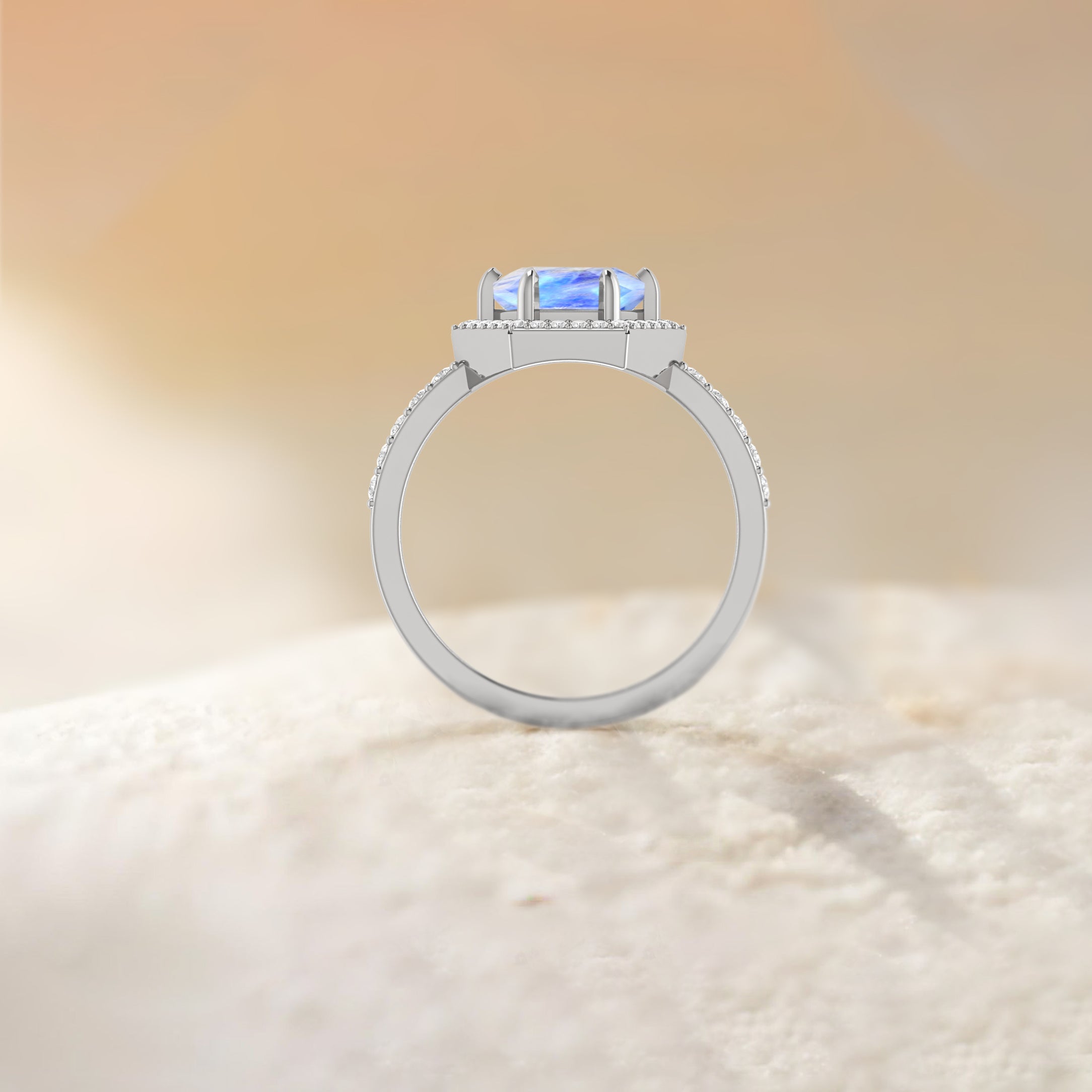 Hexagon Style Natural Moonstone Halo Ring - Sterling Silver Women's Jewelry for Engagement, Wedding & Everyday Wear | Elegant Boho Gift for Her