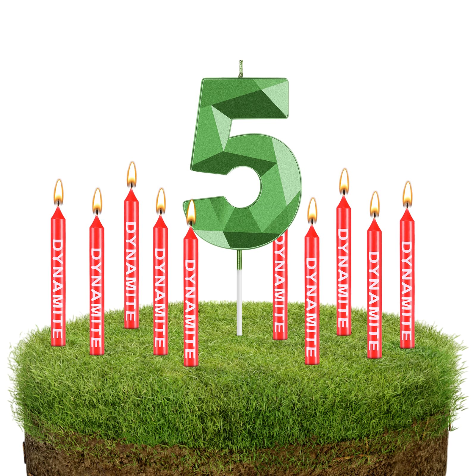 Fumete 13-Piece Dynamite Candles Set - TNT Themed 3D Design Green Number 5 Birthday Cake Candles for Kids & Adults - Perfect for Birthday Parties, Weddings, Baby Showers & Video Game Themed Events