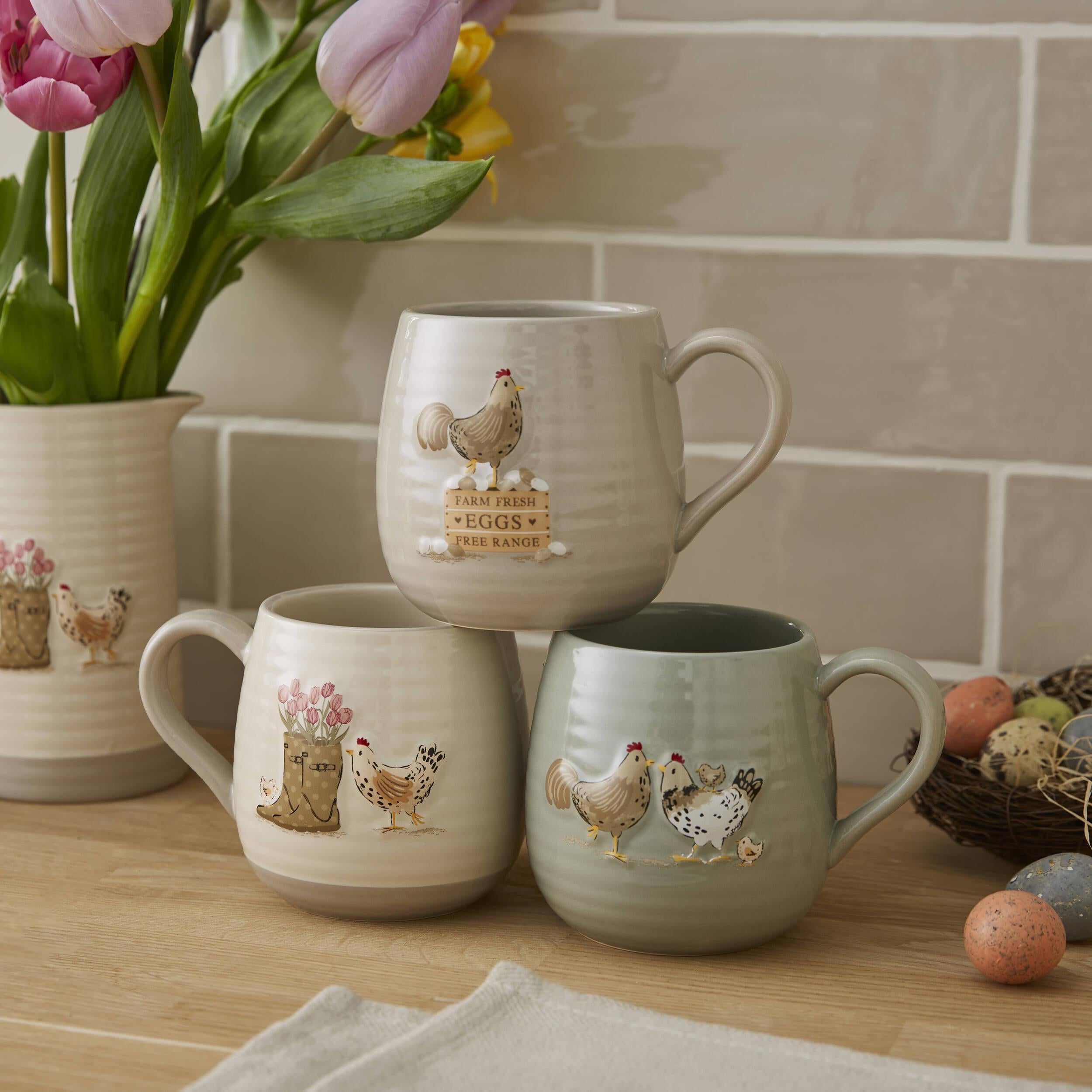 Hen House Lane Belly Mug - Farmhouse Style Ceramic Coffee Cup with Wellies & Hens Design - Perfect for Farmhouse Decor, Country Kitchen, or Gift for Chicken Lovers