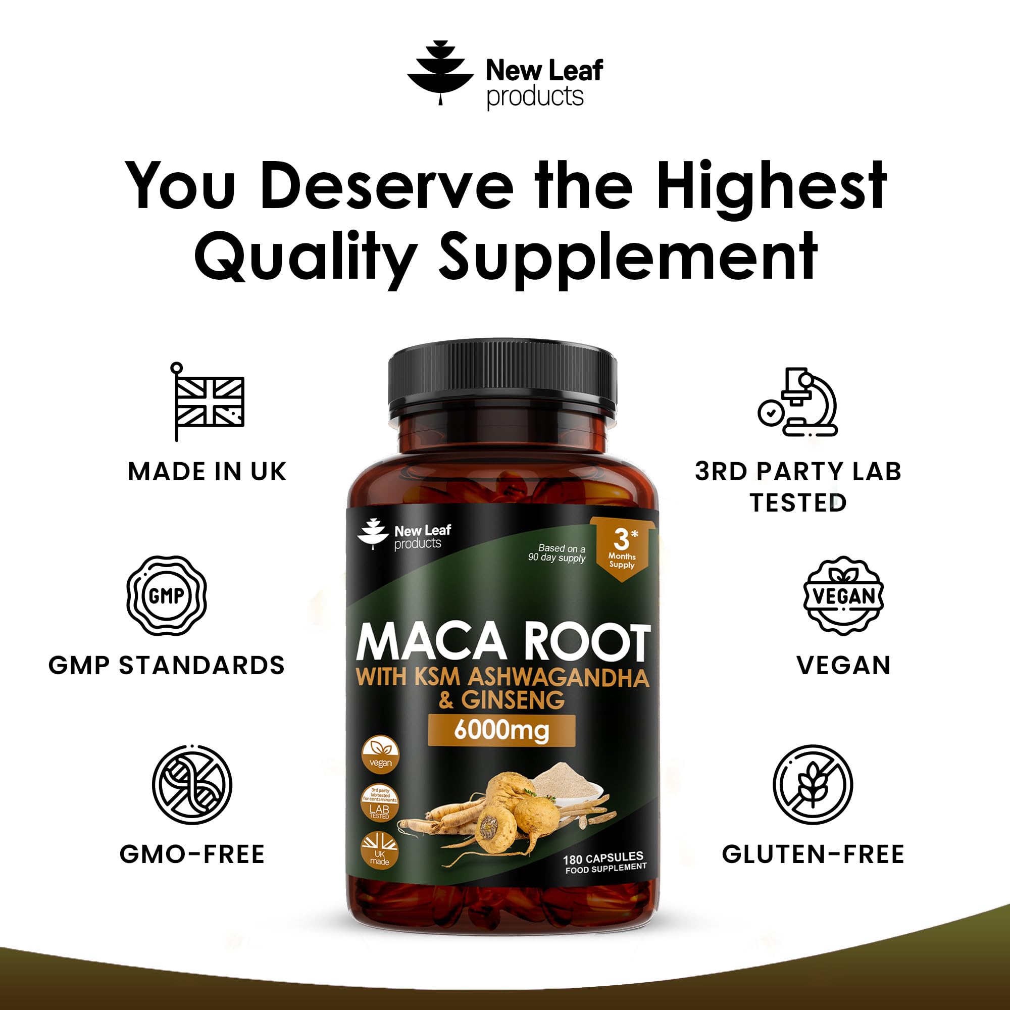 Premium Maca Root Capsules 6000mg with KSM-66 Ashwagandha, Panax Ginseng & Black Pepper - 180 Vegan Supplement Pills for Energy, Vitality & Stress Relief - UK Made Natural Herbal Boost for Workout, Focus & Daily Wellness