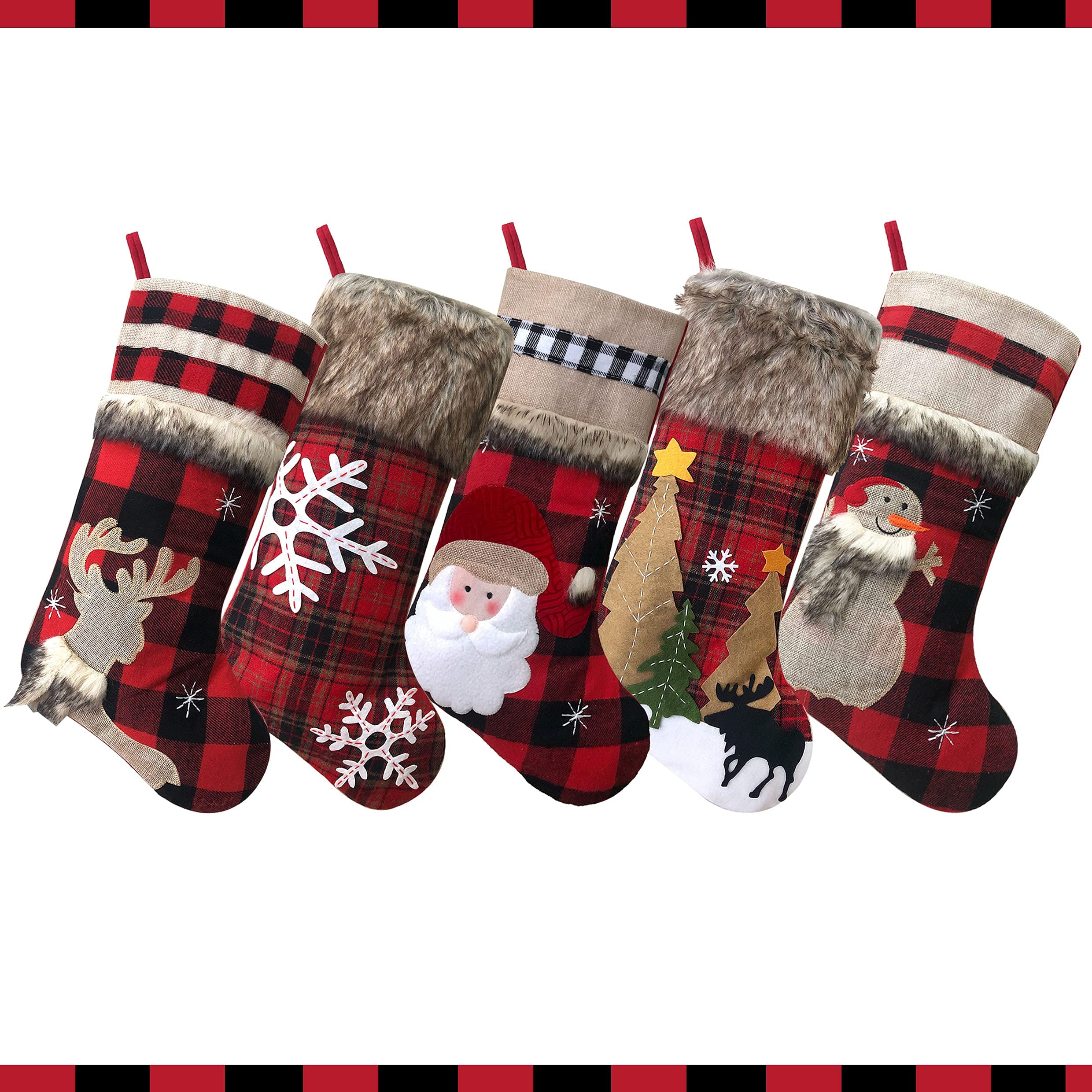 BRvieluck Christmas Stockings Set of 5 - Buffalo Red Plaid with Soft Faux Fur Trim, Large 20 Inch Holiday Stockings for Fireplace Decor, Family Gift Exchange, Xmas Party & Festive Home Decoration (5 Pack) - Perfect for Christmas Morning, Santa Gifts, and Cozy Winter Celebrations