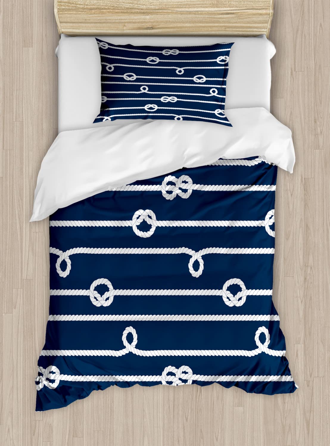 Ambesonne Navy Blue Duvet Cover Set - 2 Piece Twin Size with 2 Pillowcases, Sailing Theme Marine Knots & Bowline Print, Summer Coastal Bedding in White & Blue | Perfect for Nautical Bedrooms, Beach House Decor & Sailor Themed Guest Rooms