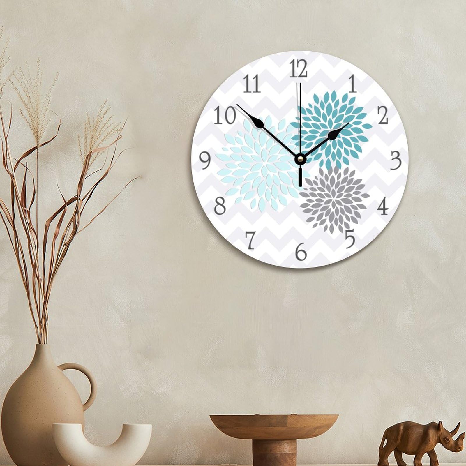 ArogGeld Silent Non-Ticking Wooden Wall Clock - Teal, Aqua & Grey Dahlia Flower Design | Battery Operated, Easy to Read | Perfect for Nursery, Kids Room, Office & Home Decor | Ideal Housewarming Gift