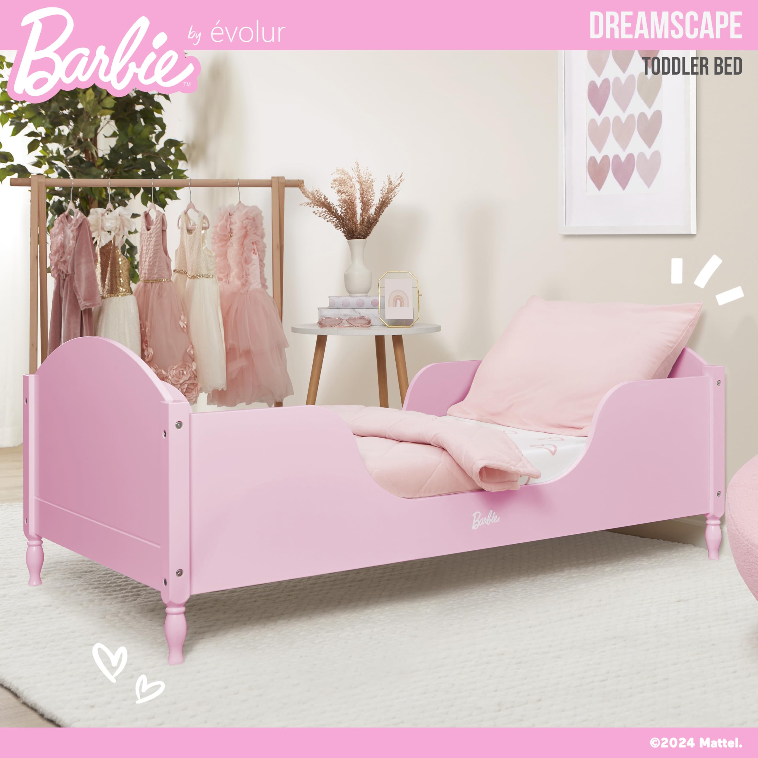 Barbie Dreamscape Wooden Toddler Bed - Pink JPMA & GreenGuard Gold Certified Low Floor Bed for Girls | Easy Assembly & Cleaning | Perfect for Nursery, Bedroom & Playroom Decor