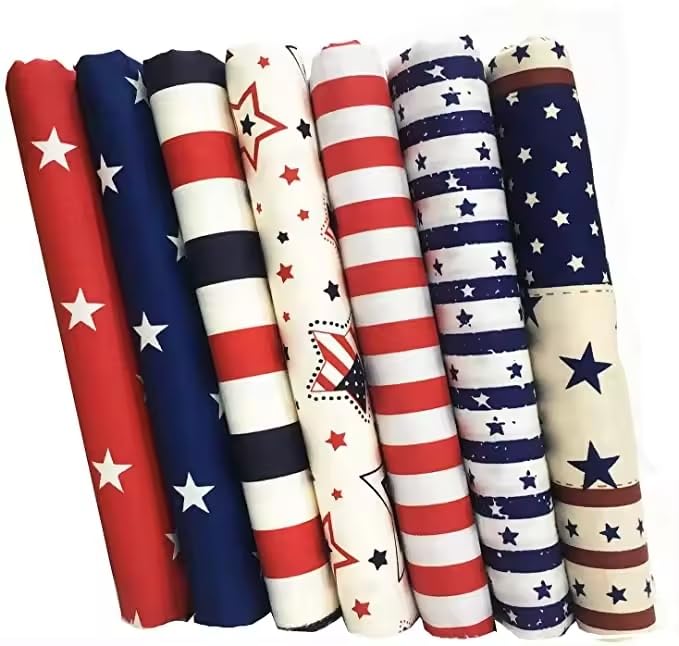 AMORNPHAN 7-Piece Patriotic Cotton Fabric Bundle - 4th of July American Flag Stripe Quilting Squares (16x20 Inches) for DIY Crafts, Sewing, Patchwork & Needlework | Perfect for Holiday Decorations, Quilt Making & Home Décor Projects