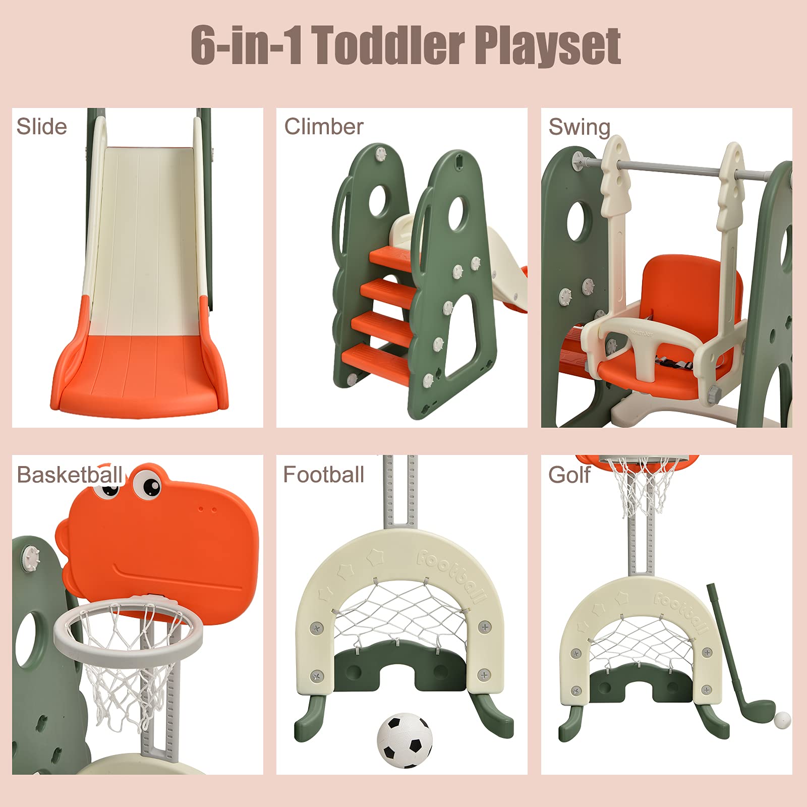 Costzon 6-in-1 Toddler Slide & Swing Set - Large Kids Climber Playset with Basketball Hoop, Soccer Goal & Golf Hole - Indoor/Outdoor Backyard Playground Equipment for Ages 2-12 - Perfect Birthday & Holiday Gift for Active Children (Great for Backyards, Parks & Daycare Centers)