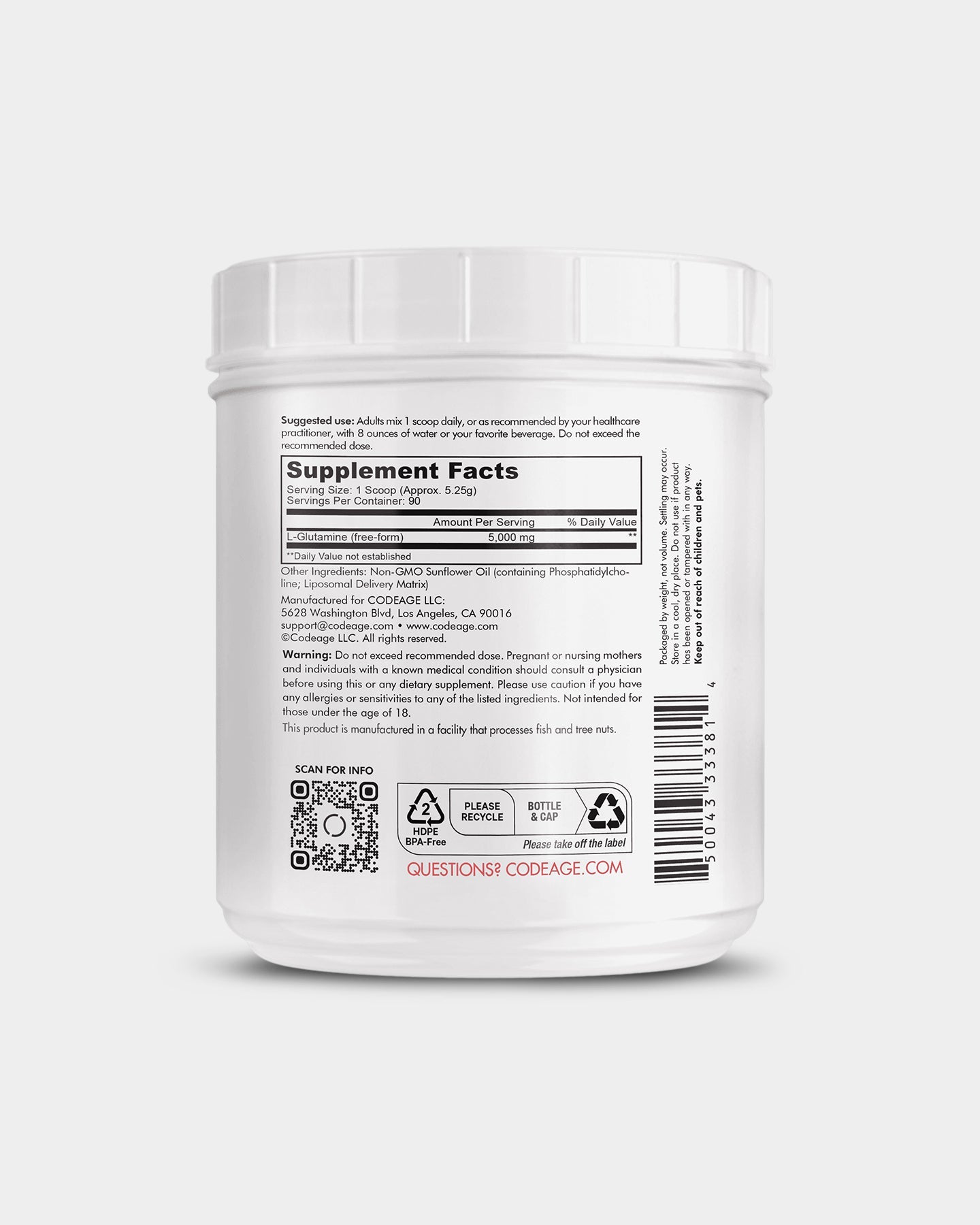Codeage L-Glutamine & Free Form Amino Acid Powder Supplement - Supports Muscle Recovery, Gut Health & Immune System - Ideal for Athletes, Fitness Enthusiasts & Post-Workout Recovery