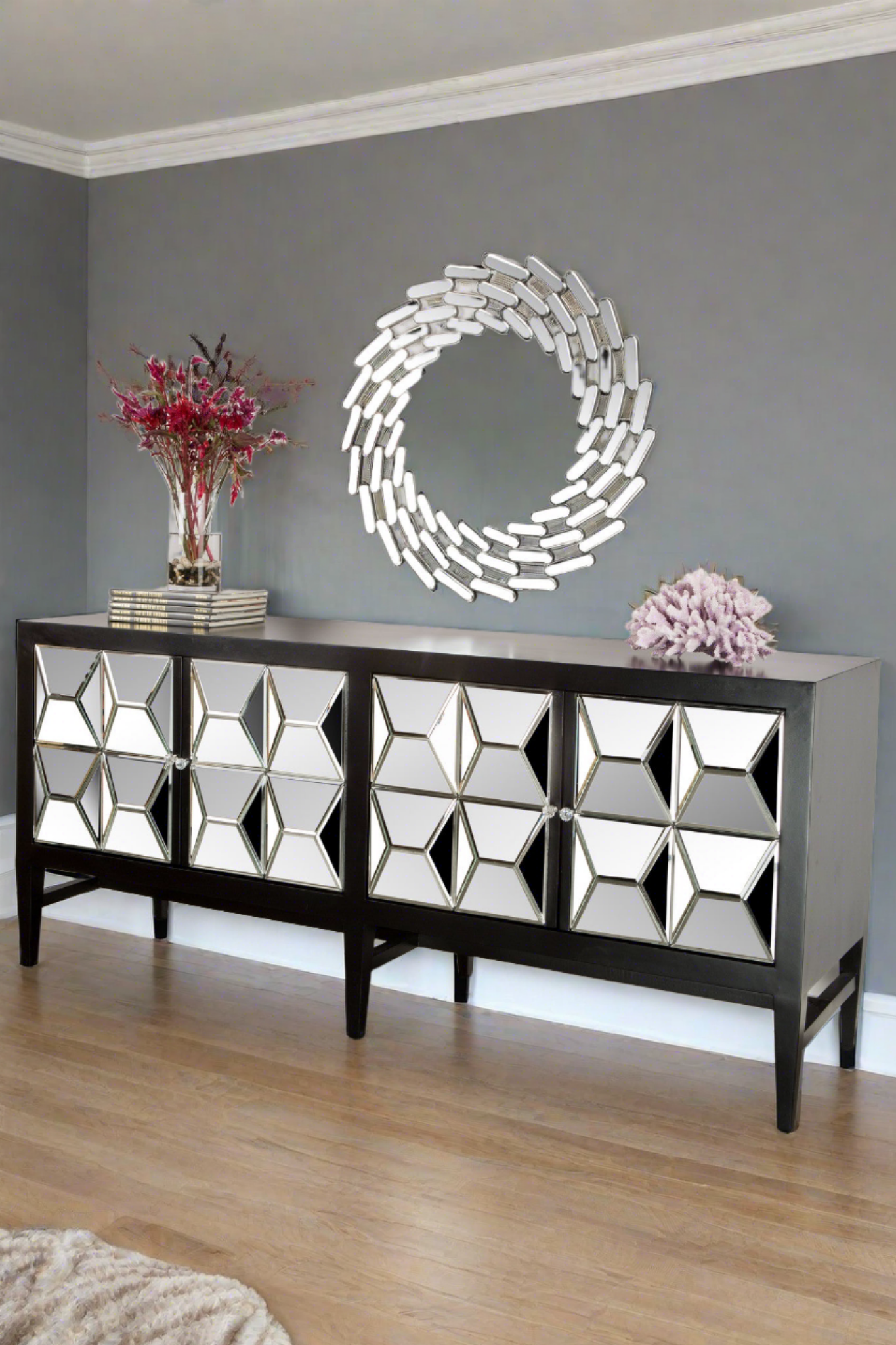 Modern Black Mirrored Sideboard with Spike Design - Stylish Entryway Console Table for Living Room, Hallway & Dining Room Decor