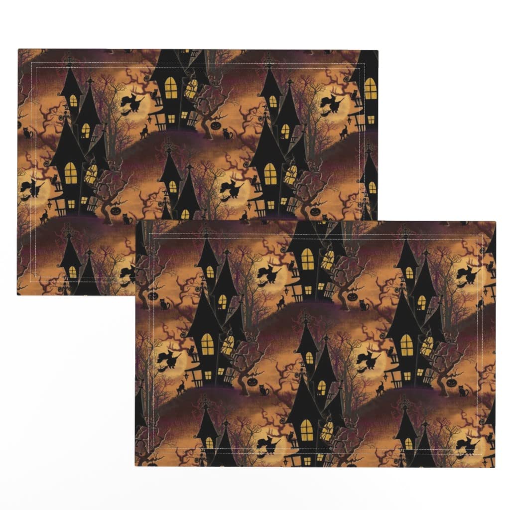 Vintage Halloween Linen Cotton Canvas Placemats Set of 2 - Spooky Witch & Black Cats Orange Print Table Mats for Dining Decor, Kitchen Table Setting, Fall Thanksgiving Dinner Party